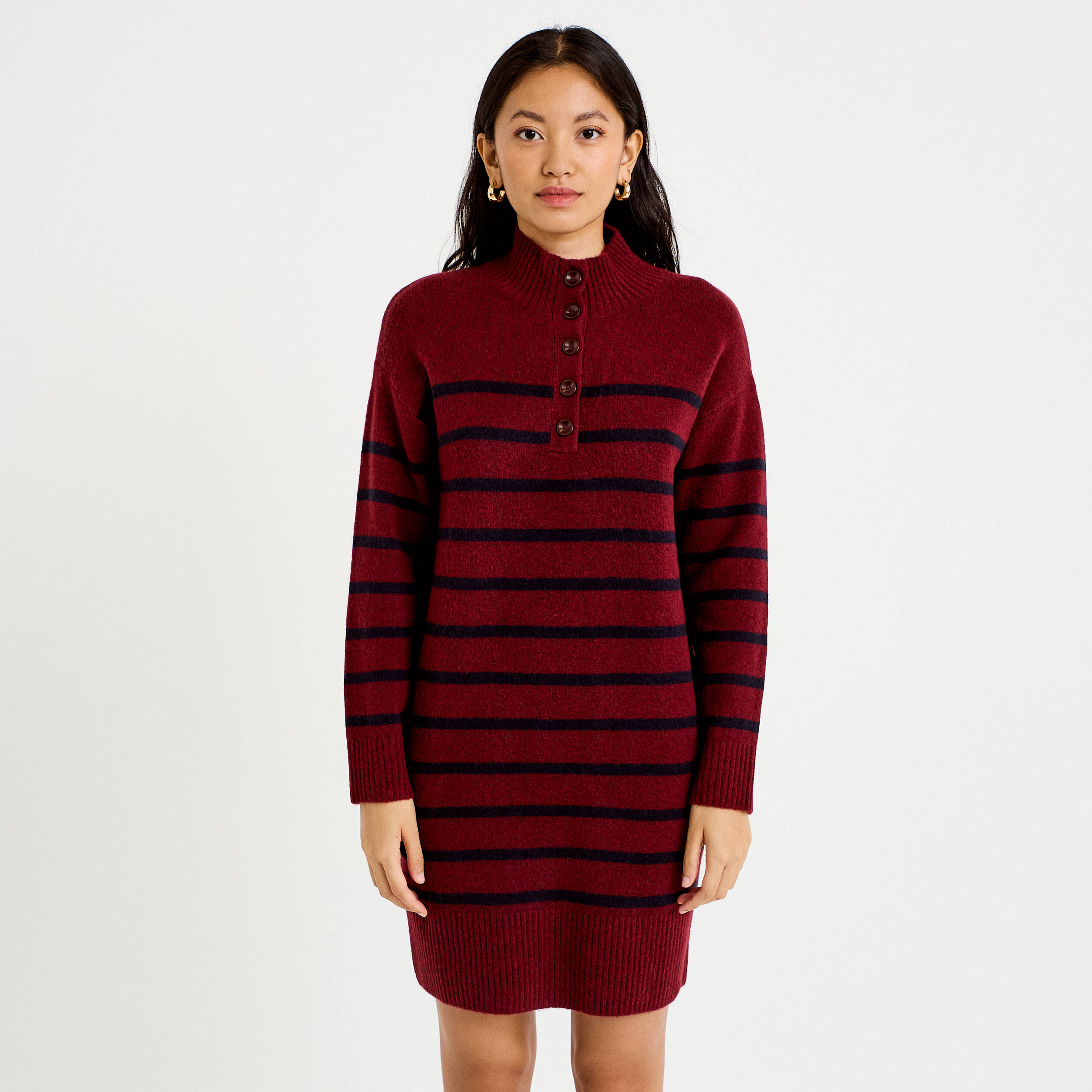 Robe pull droite manches longues 3/4 rouge fonc&eacute; femme