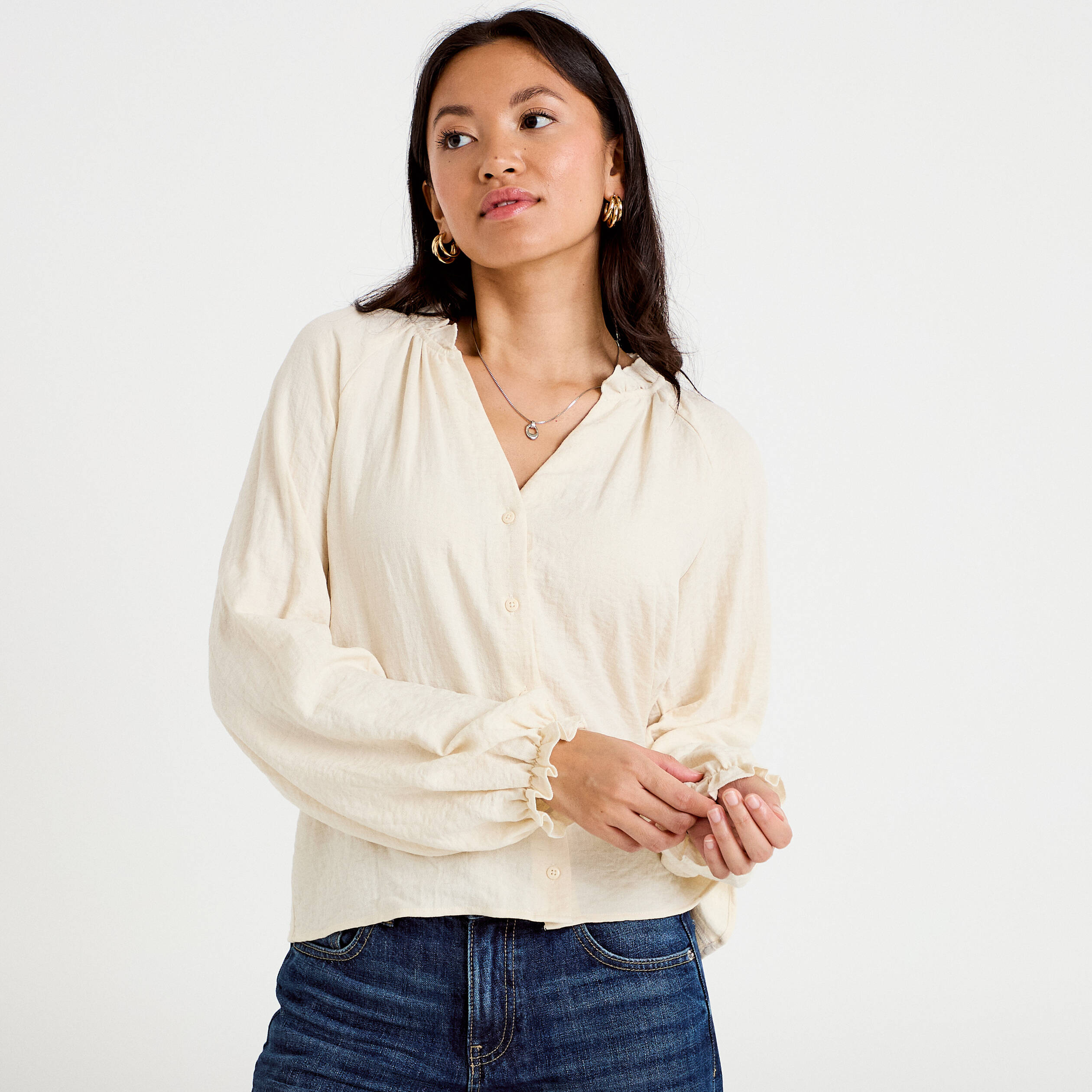 Blouse ample pliss&eacute;e manches longues ecru femme