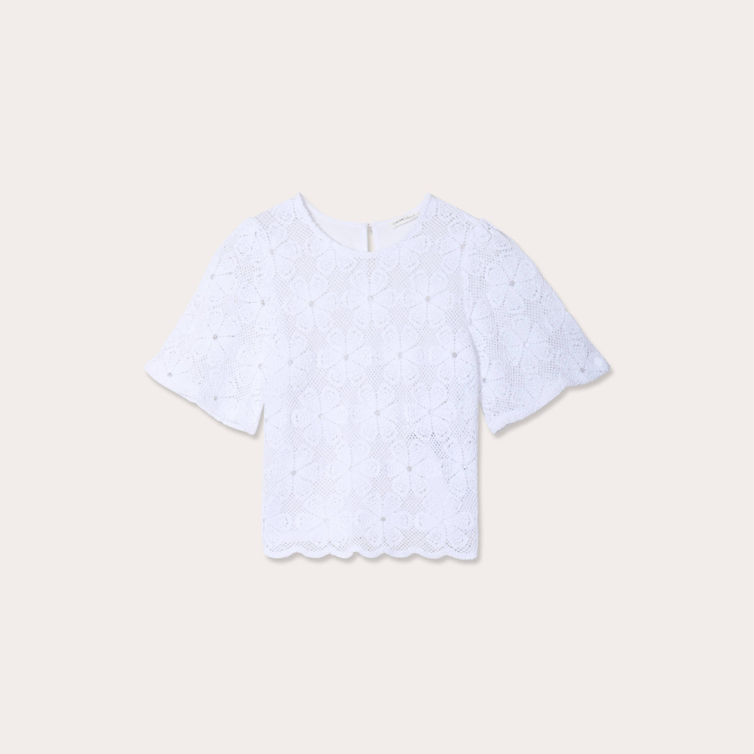 T-shirt dentelle macram&eacute; blanc femme
