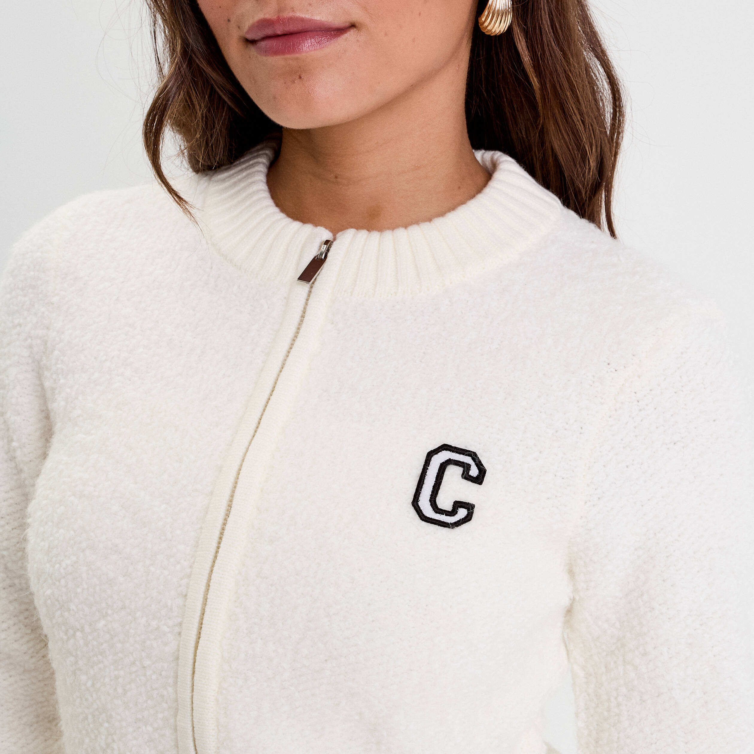Veste courte ajust&eacute;e bouclette ecru femme