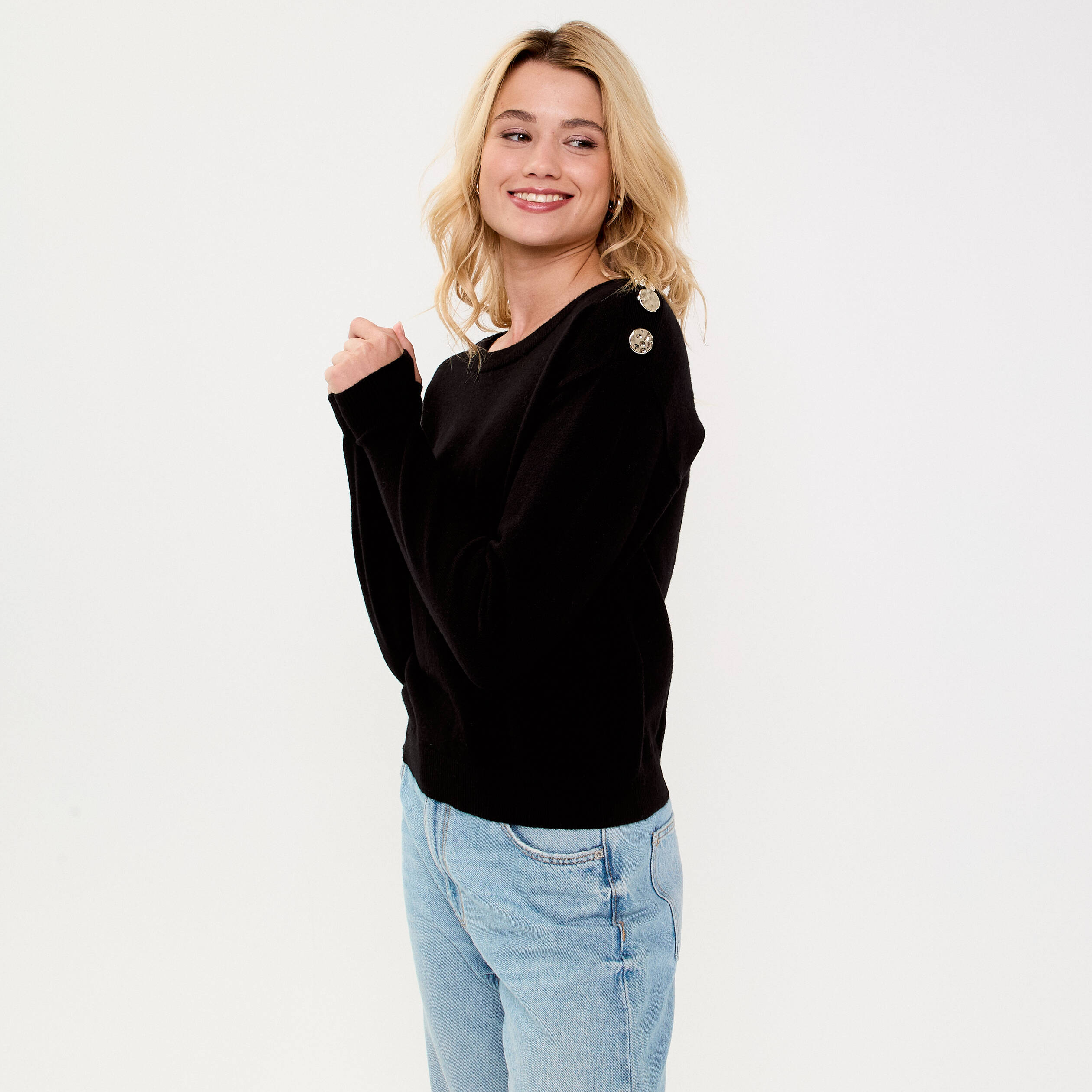 Pull fin col rond manches longues noir femme