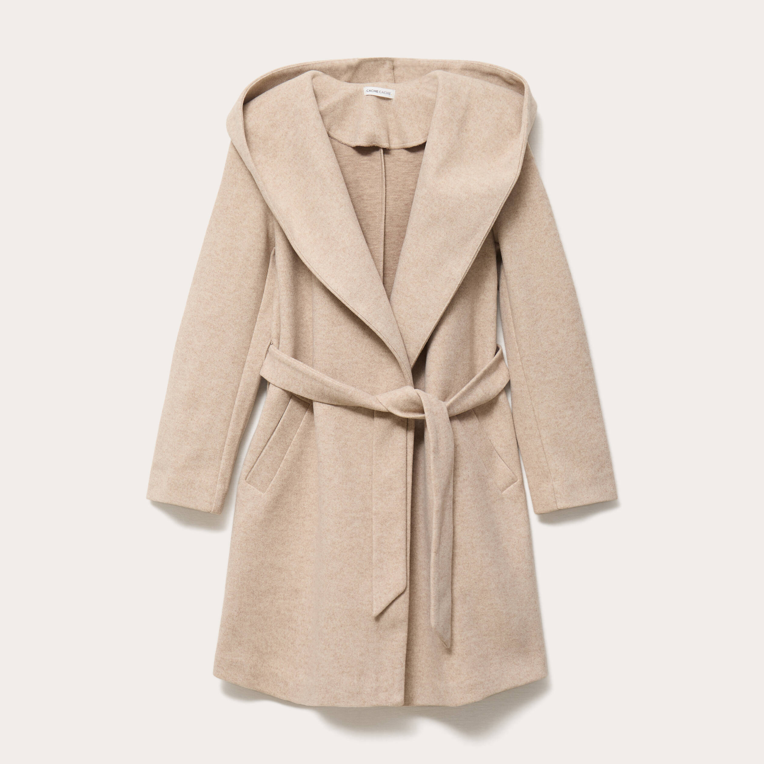 Manteau ceintur&eacute; &agrave; capuche beige femme