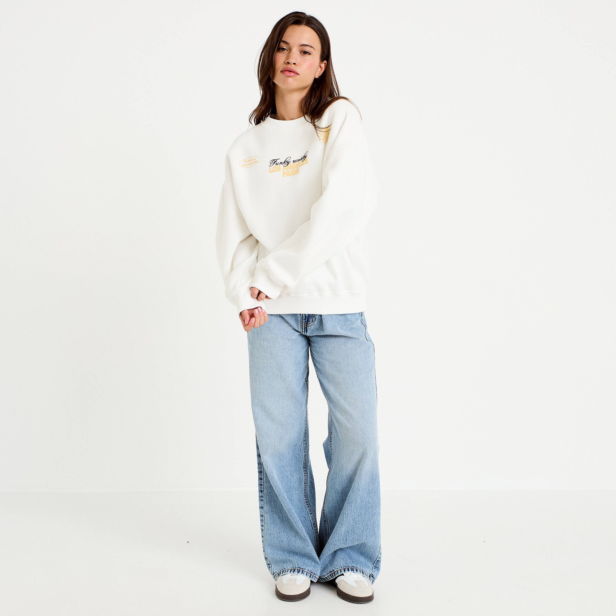 Sweat col rond manches longues ecru femme