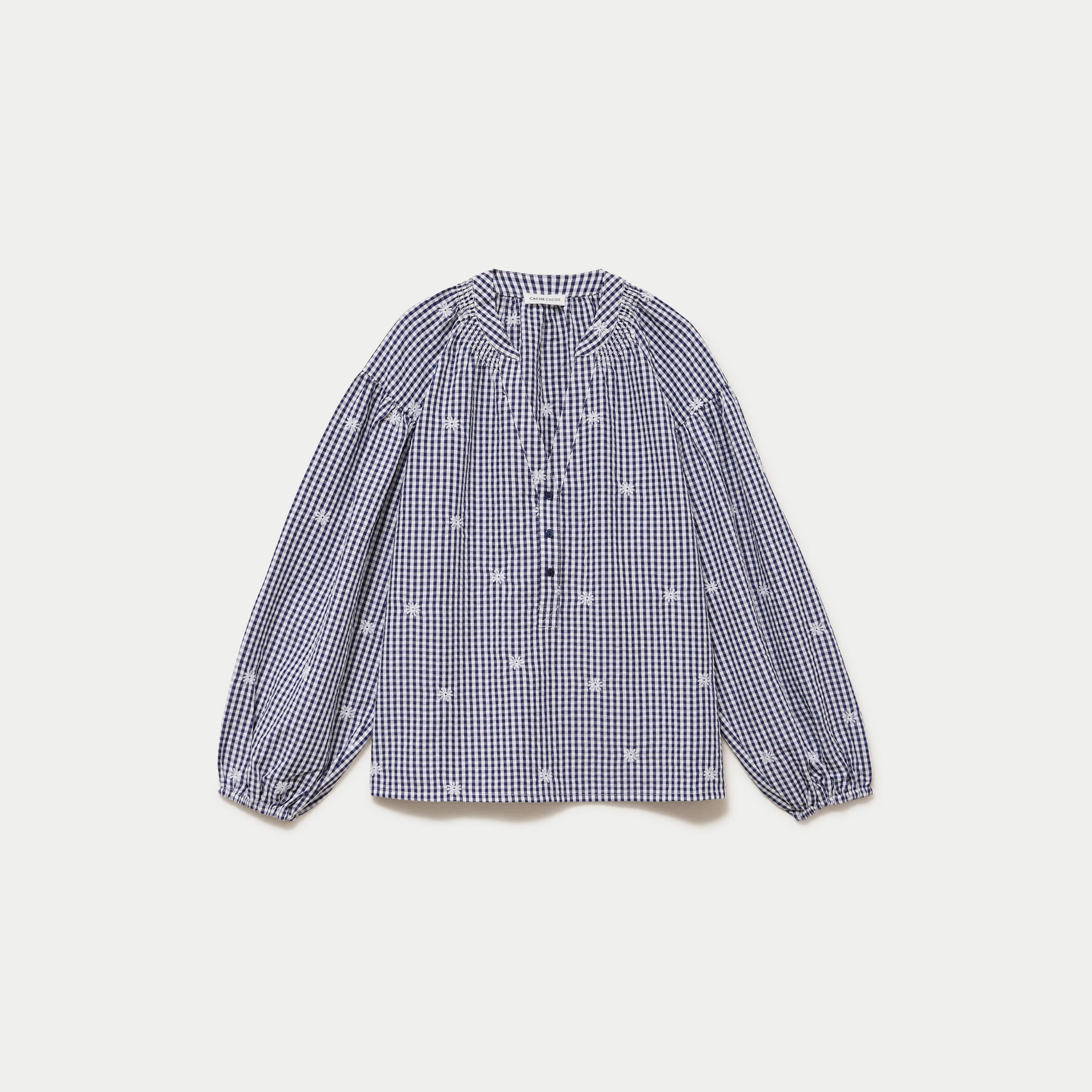 Blouse vichy brod&eacute;e bleu femme