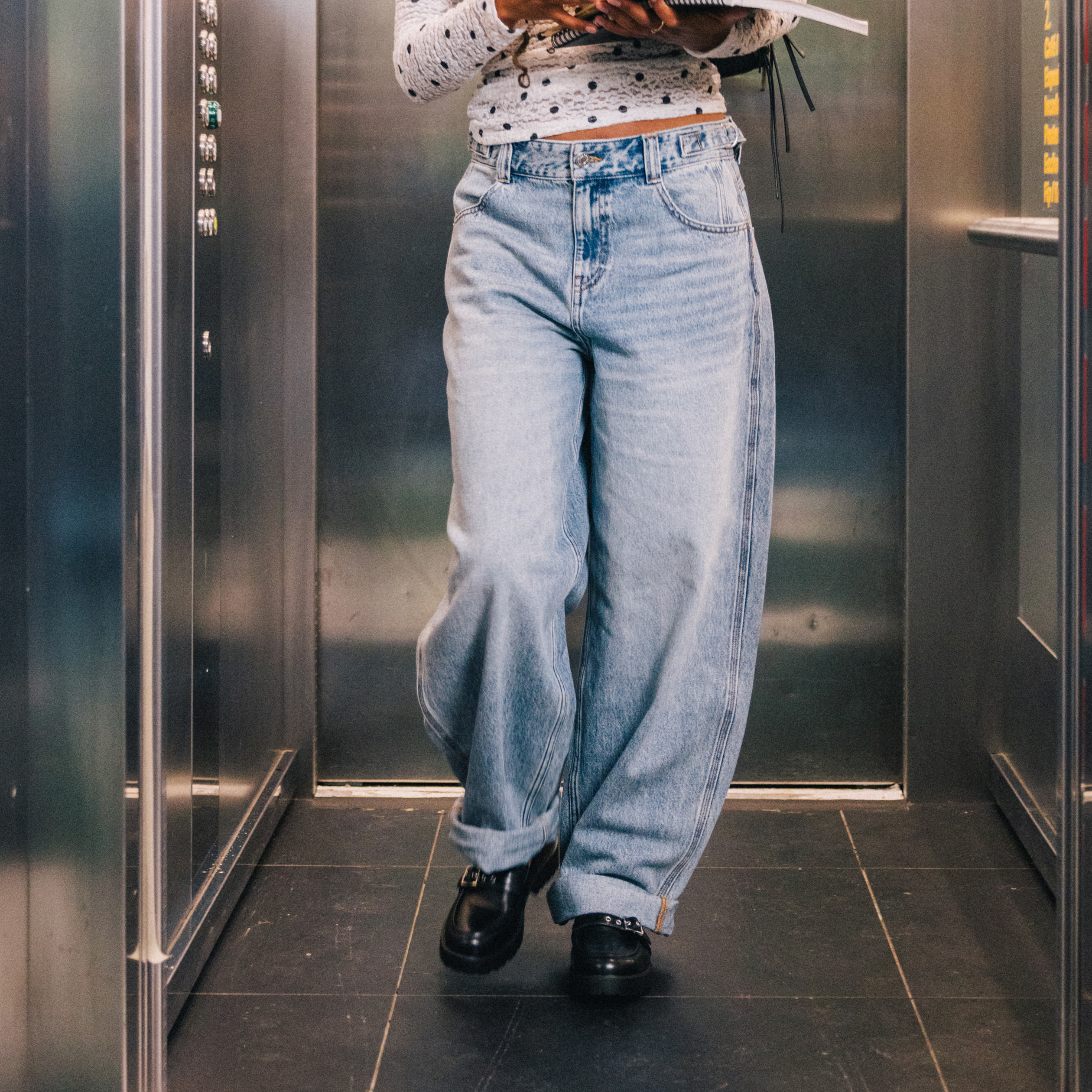 Jean barrel long en coton denim double stone femme