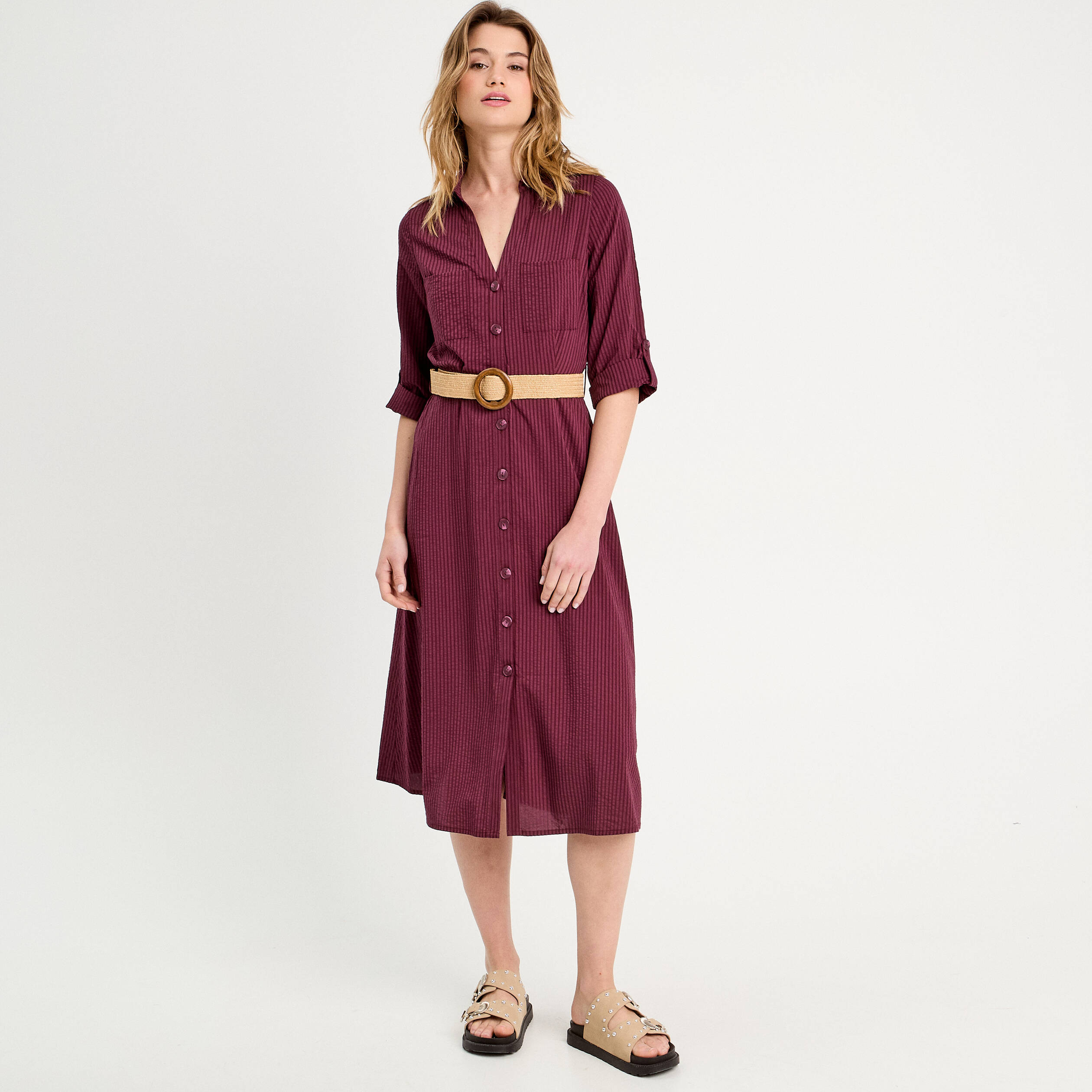 robe midi evasee ceinturee prune femme Robe midi évasée ceinturée prune femme