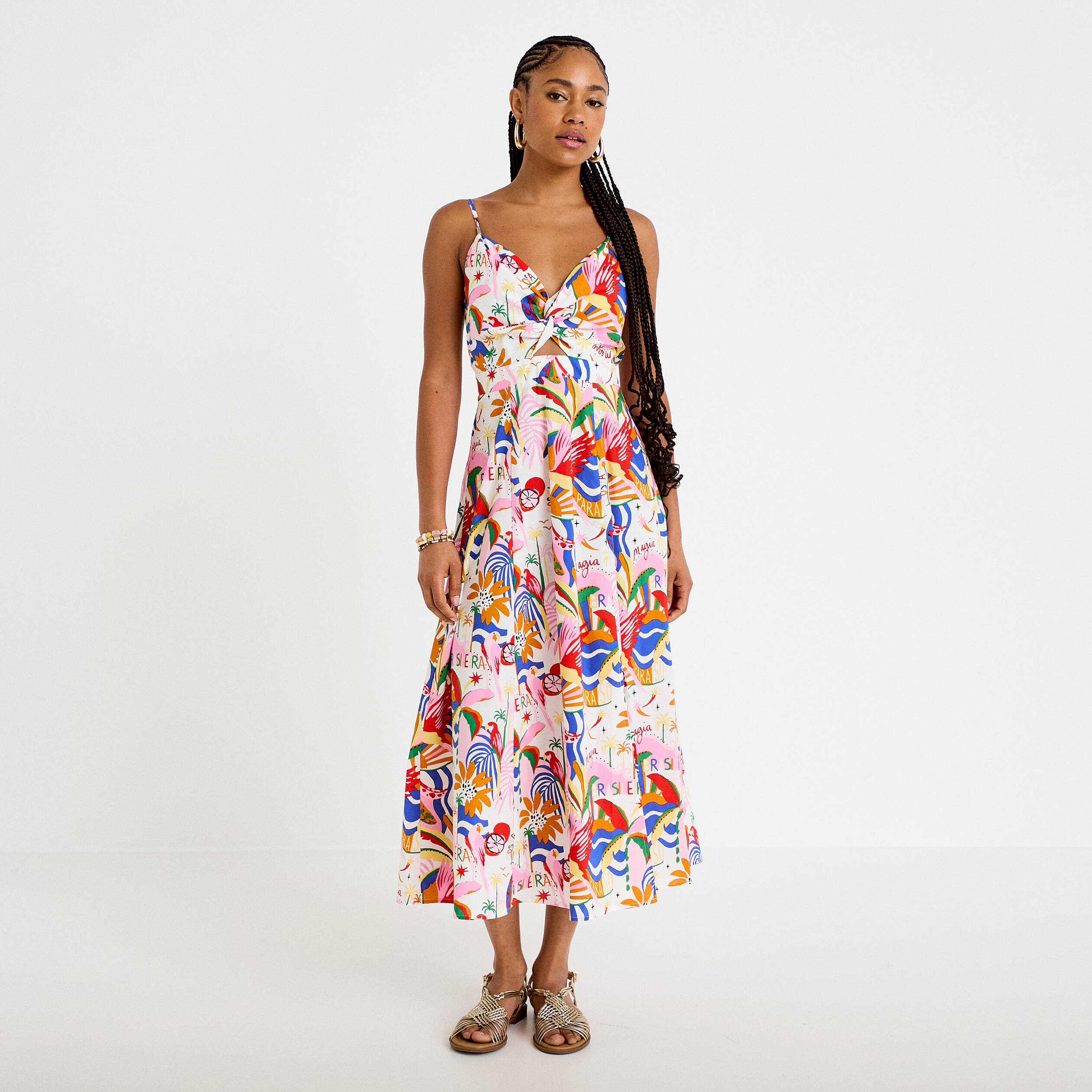 Robe longue &eacute;vas&eacute;e col v bretelles blanc femme