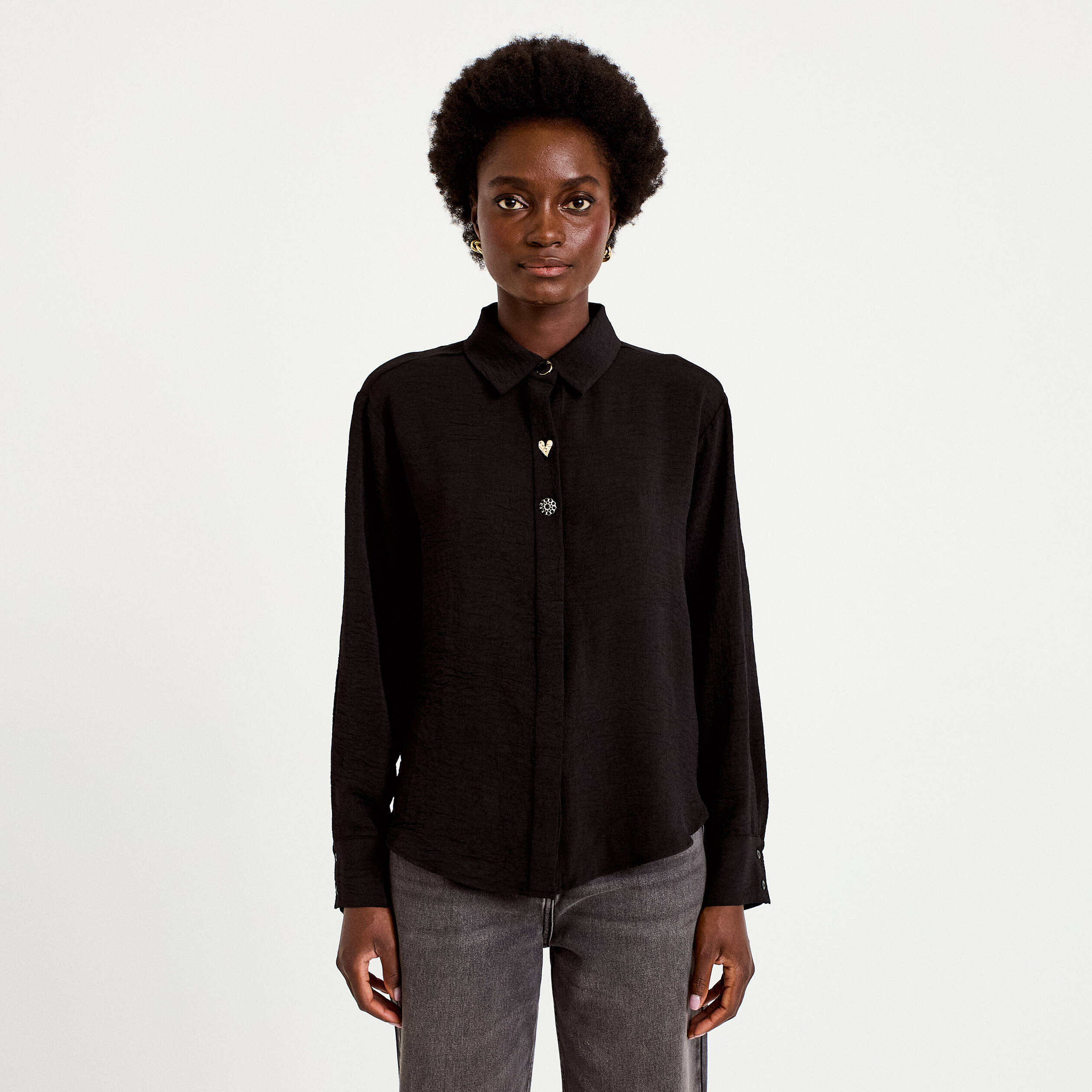 Chemise droite pliss&eacute;e manches longues noir femme