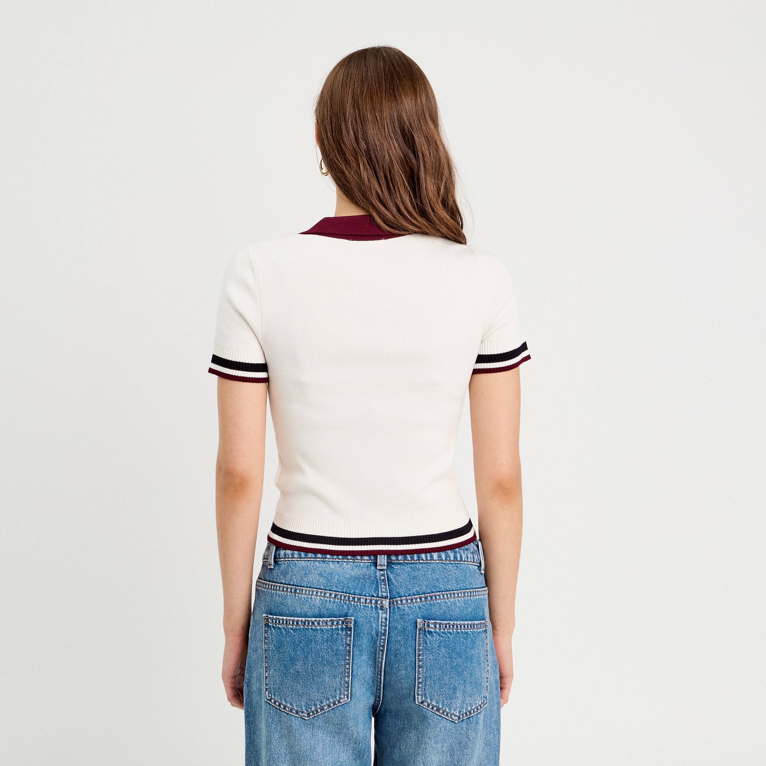 Pull manches courtes col polo ecru femme