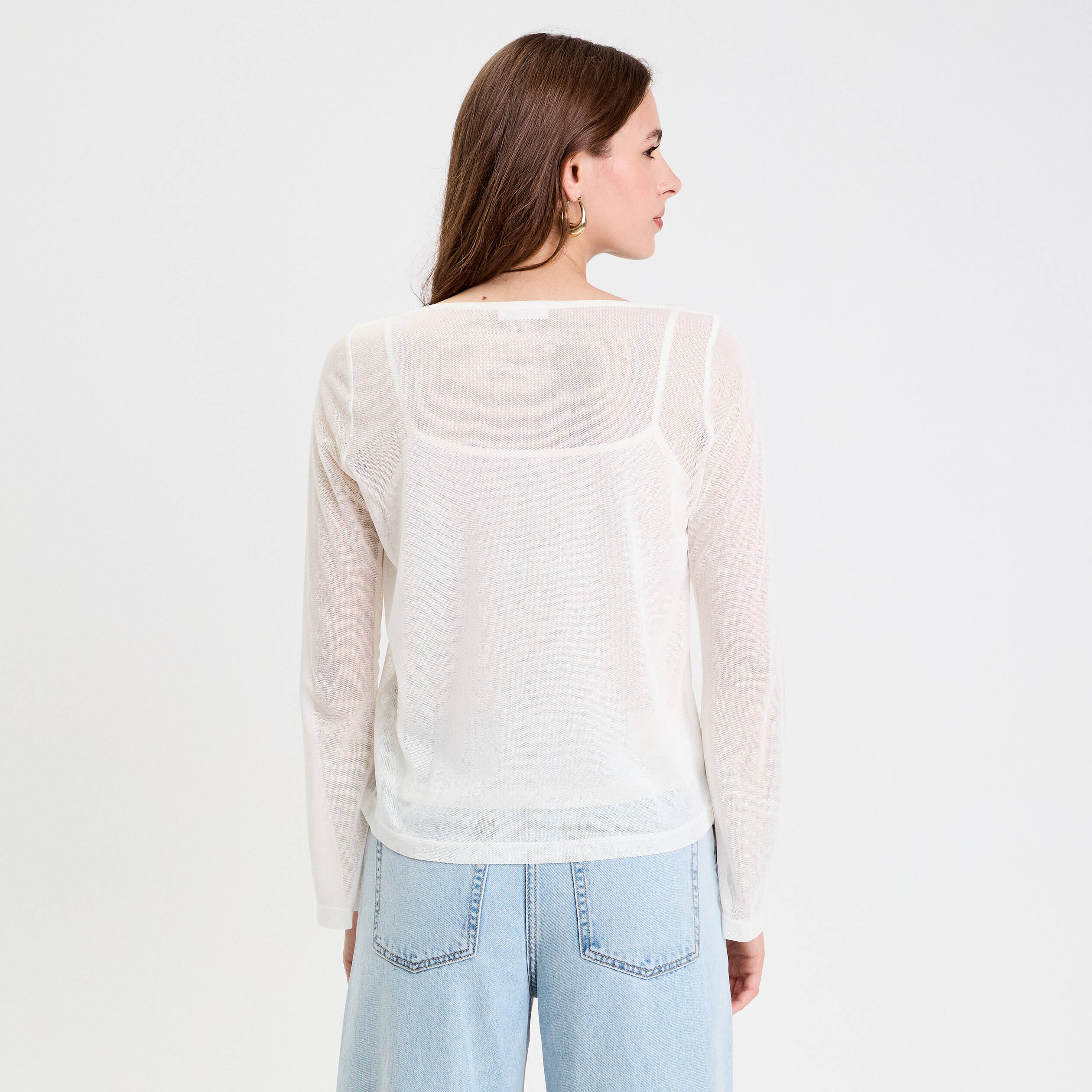 Top transparent col rond manches longues ecru femme