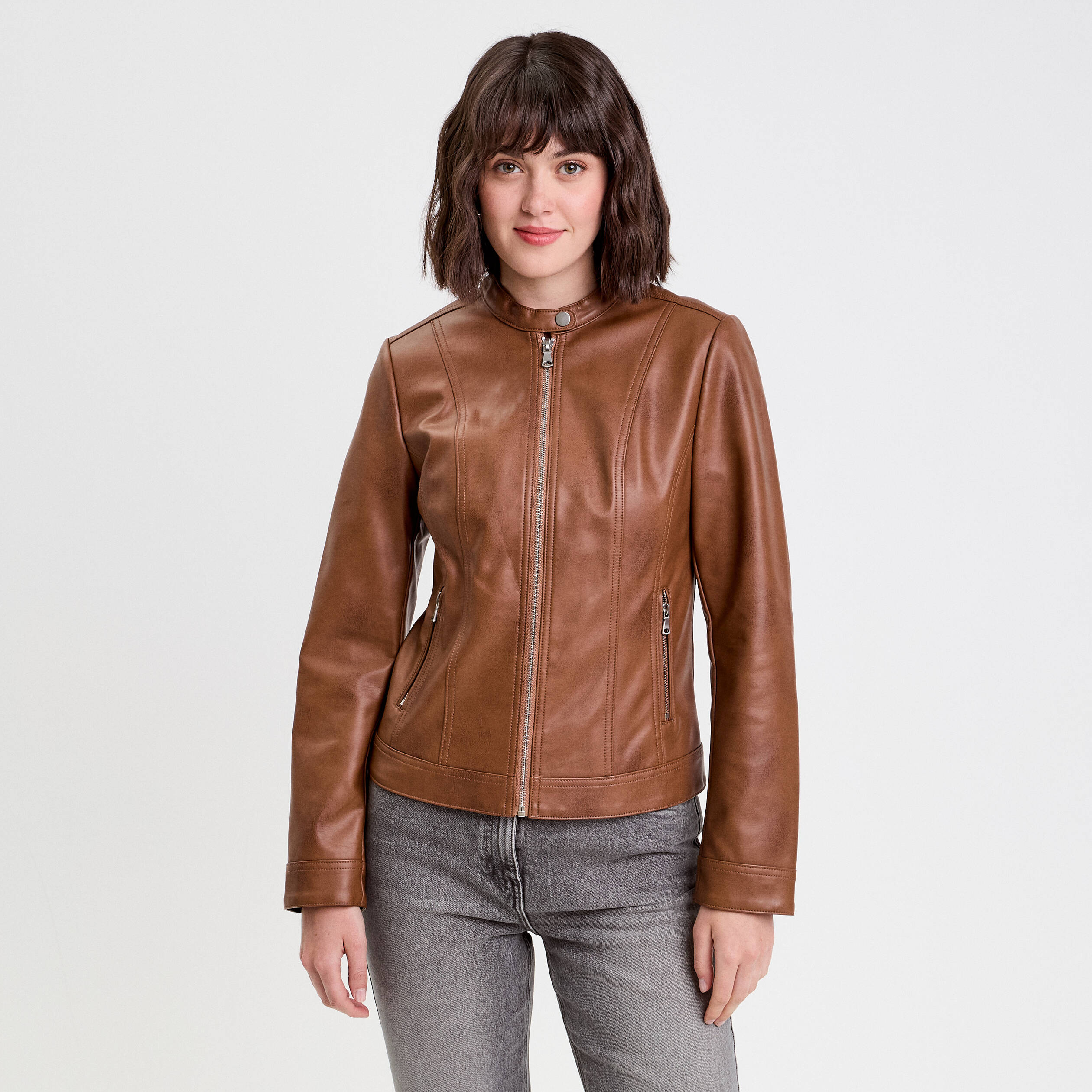 Veste droite zipp&eacute;e beige femme