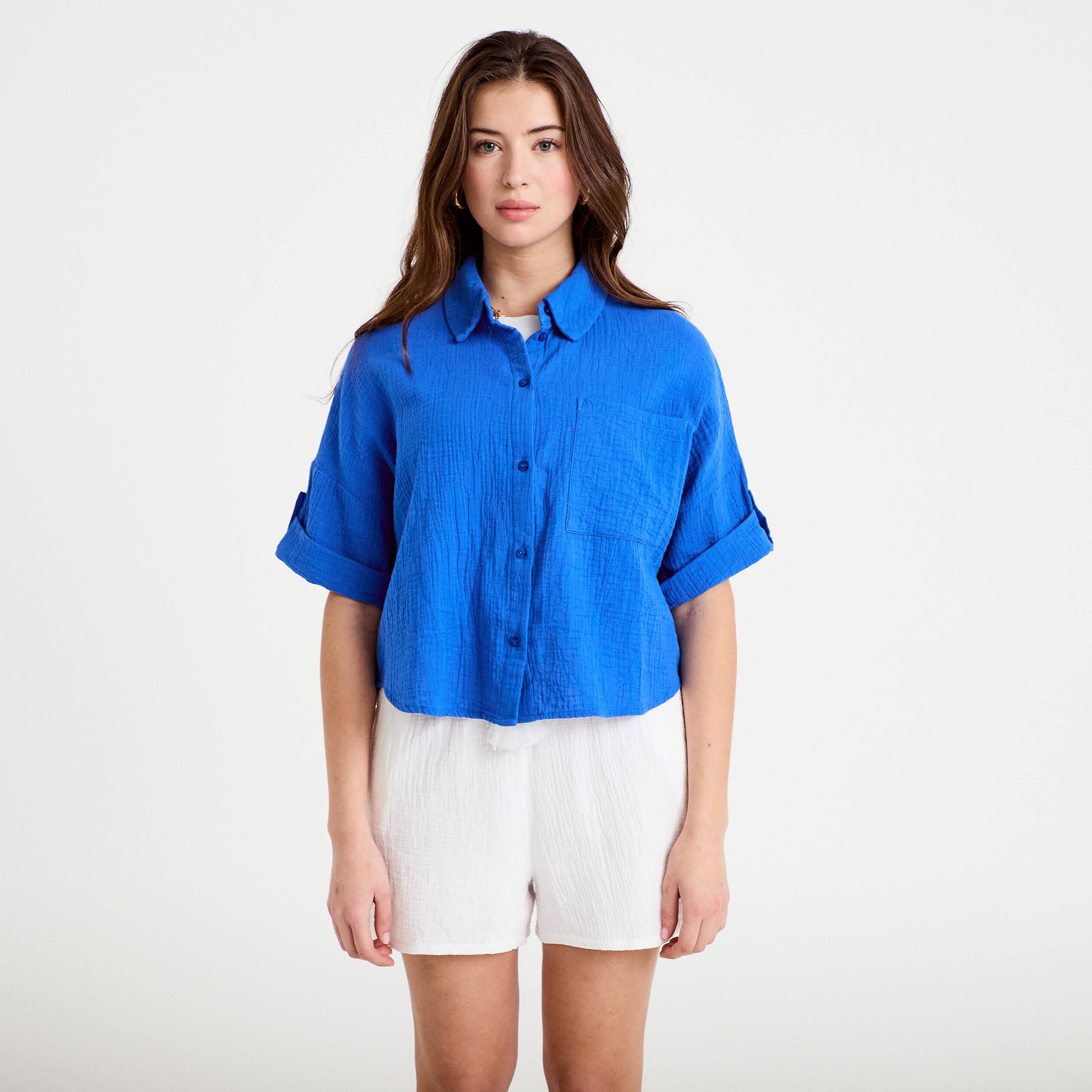 Chemise manches 3/4 bleu electrique femme