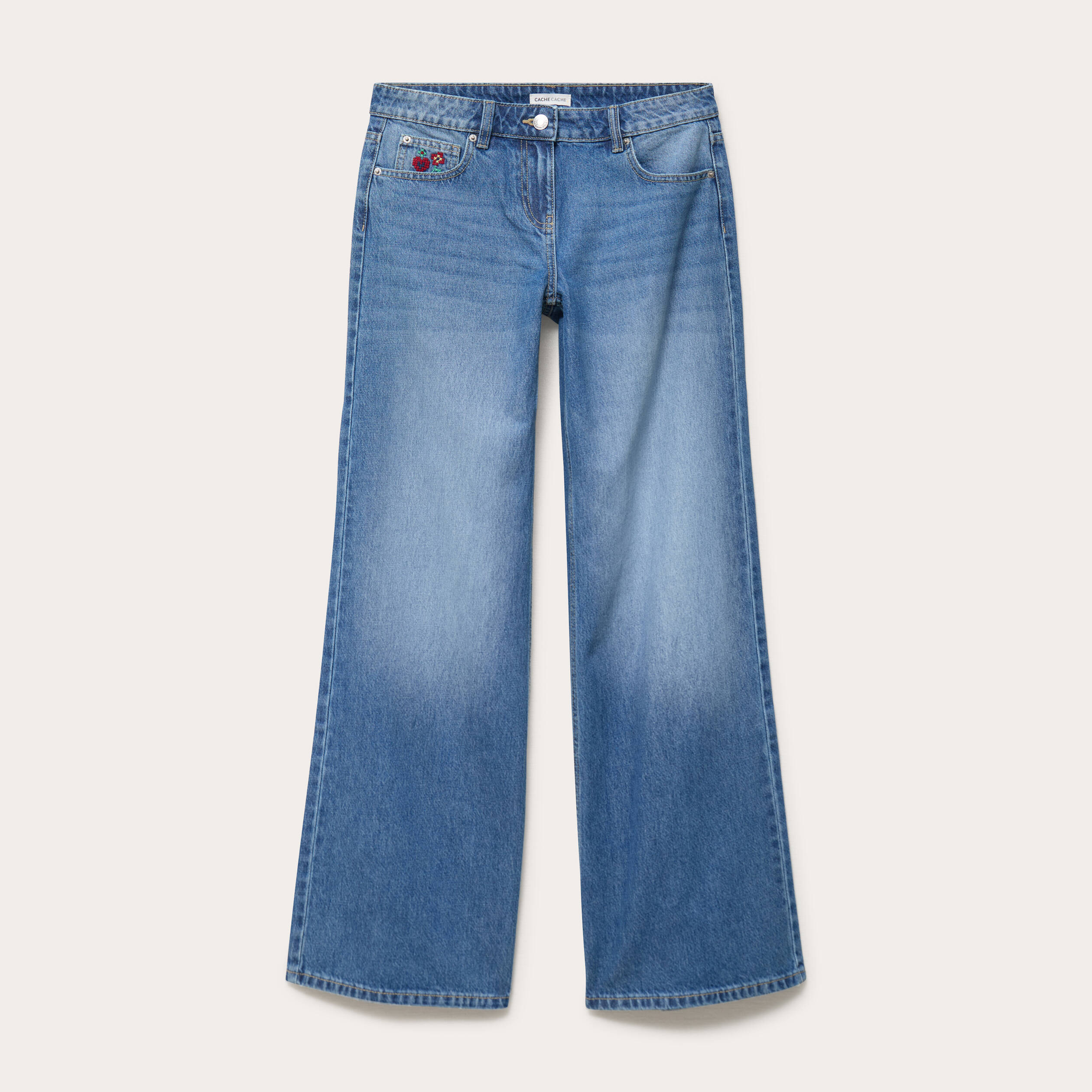 Jean wide leg taille basse broderie denim stone femme