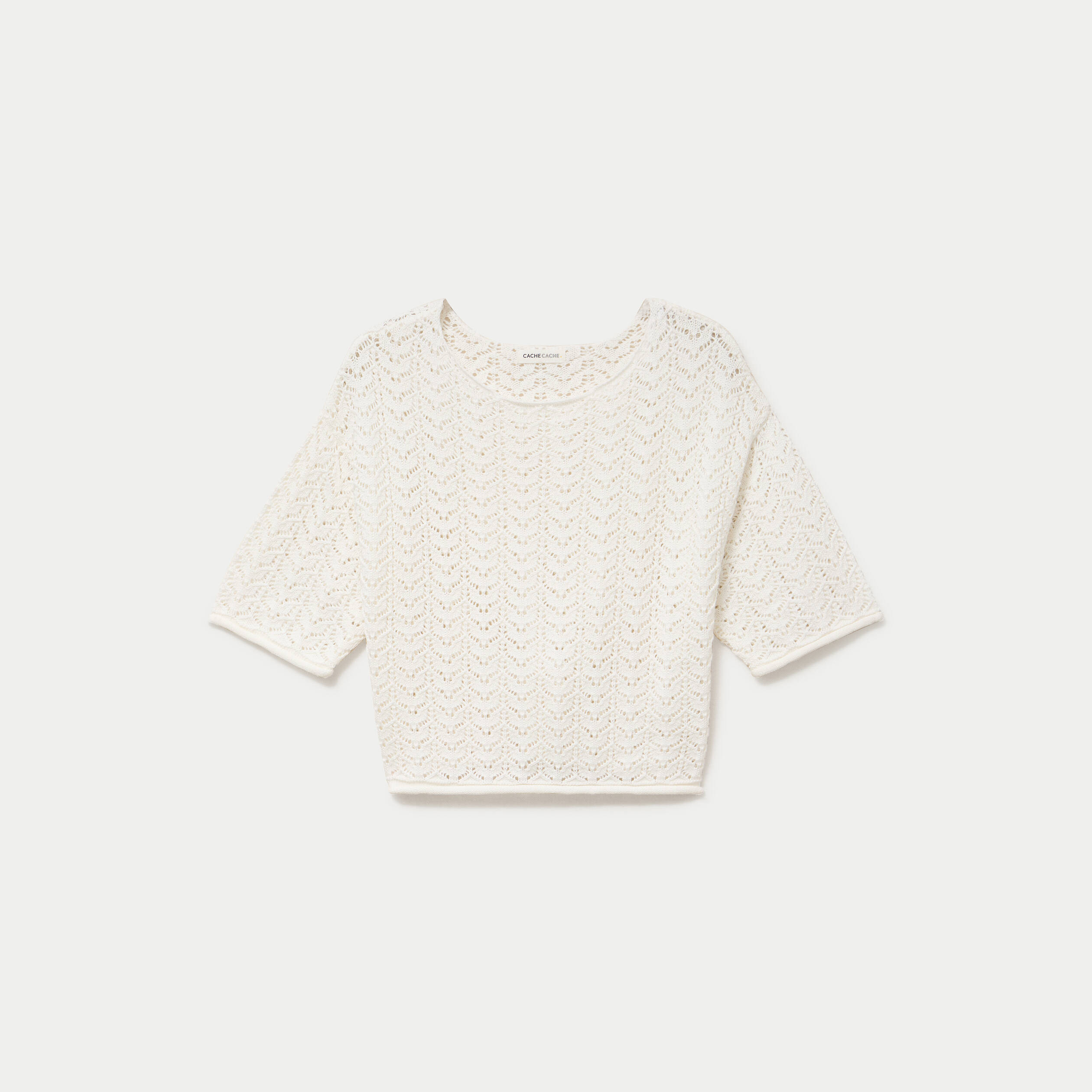Pull ajour&eacute; aspect dentelle col rond ecru femme