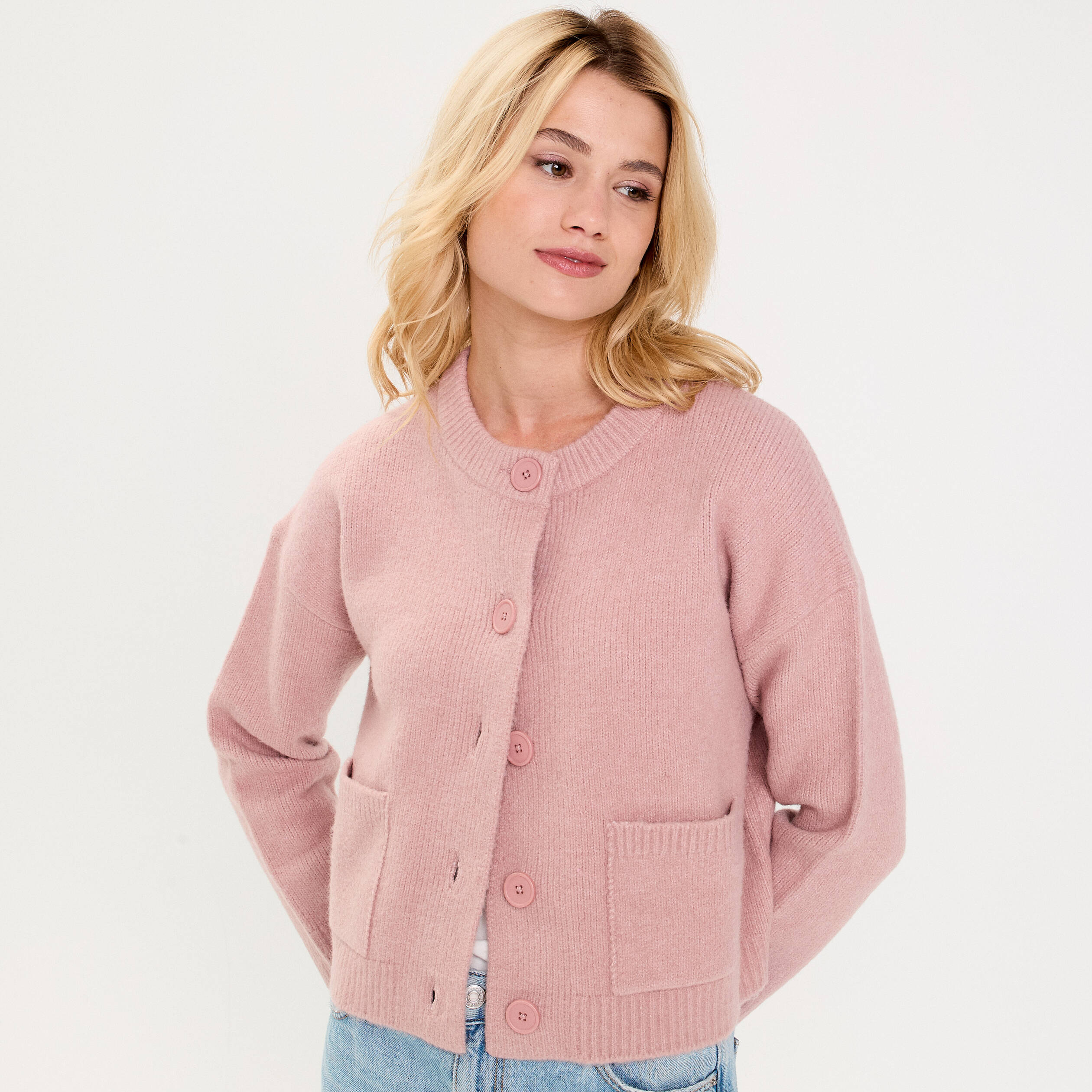 Gilet bouclette col rond manches longues rose poudrée femme Vibs - Main Image