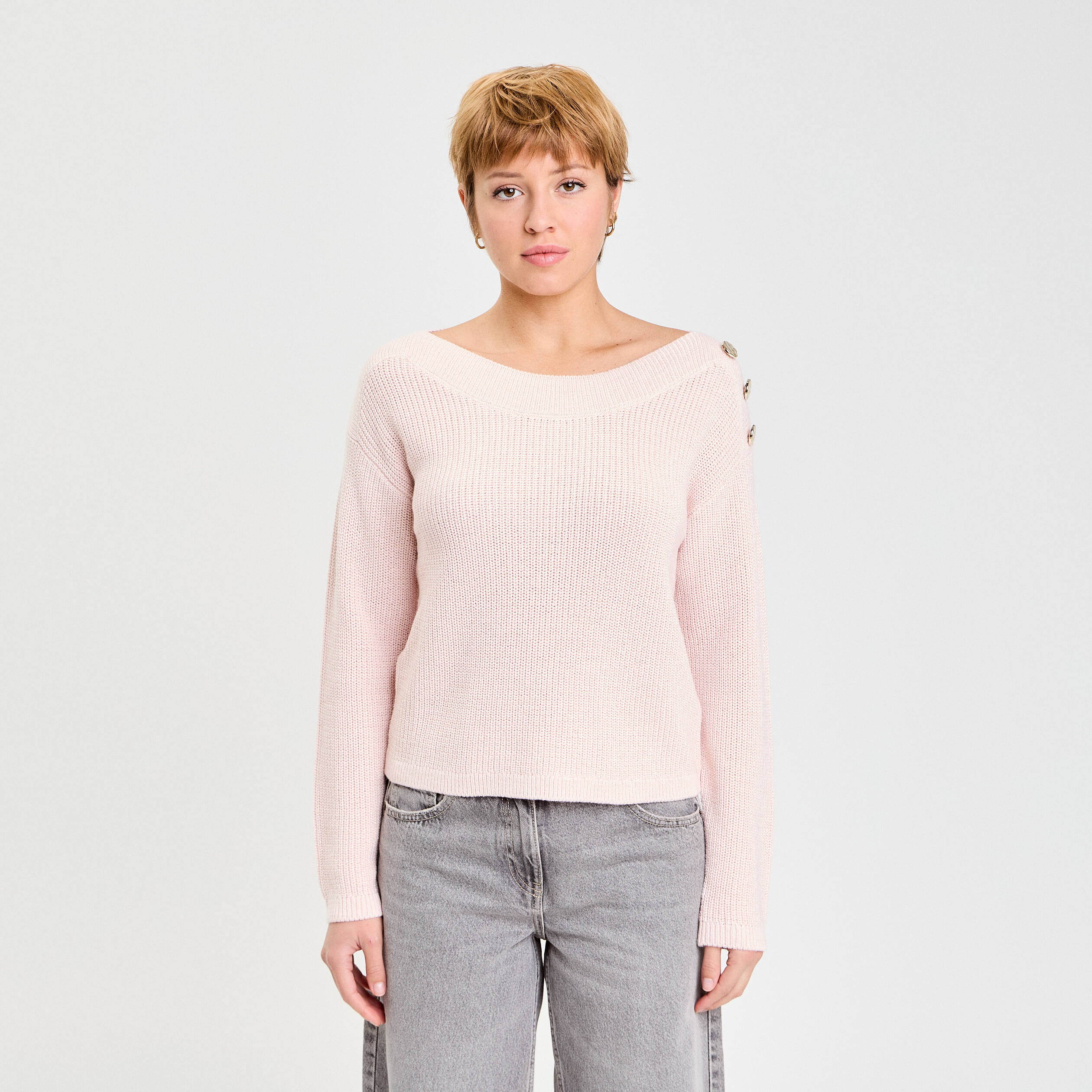 Pull col bateau rose clair femme