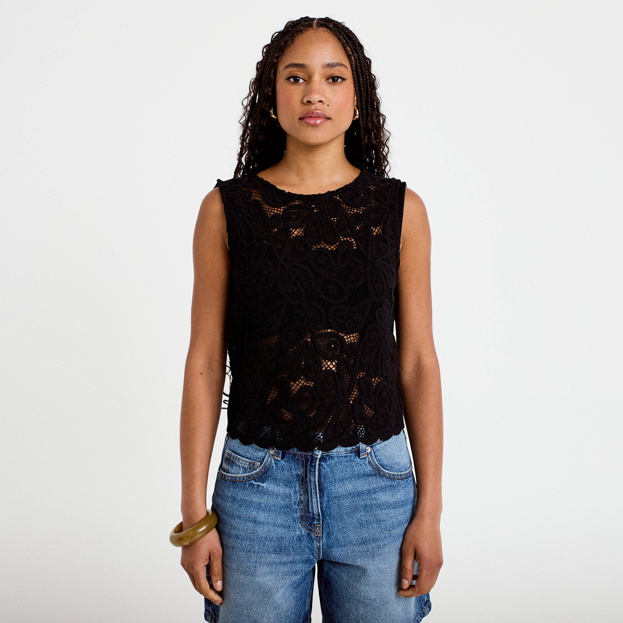 D&eacute;bardeur col rond aspect dentelle noir femme