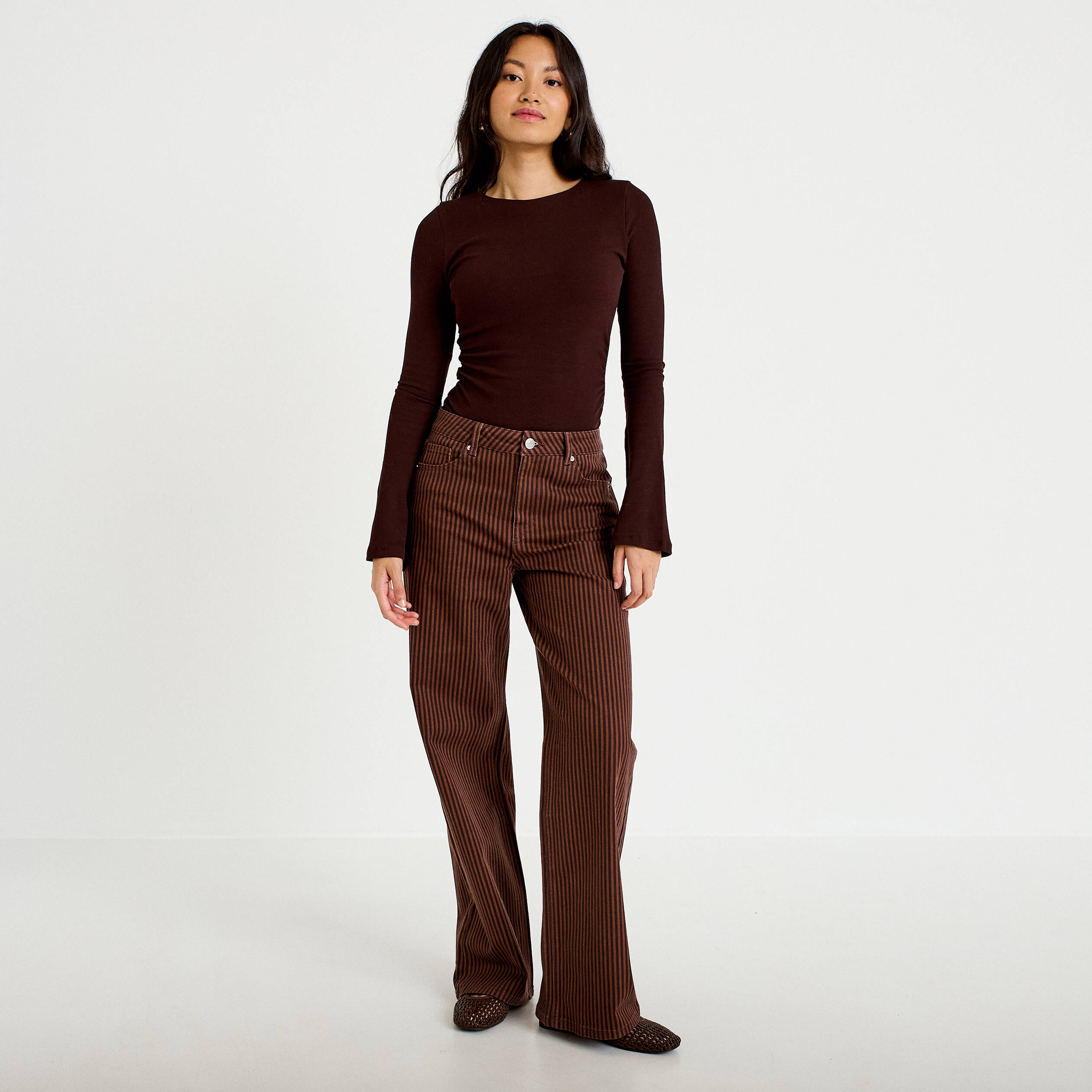 Jean wide leg ray&eacute; taille haute marron femme