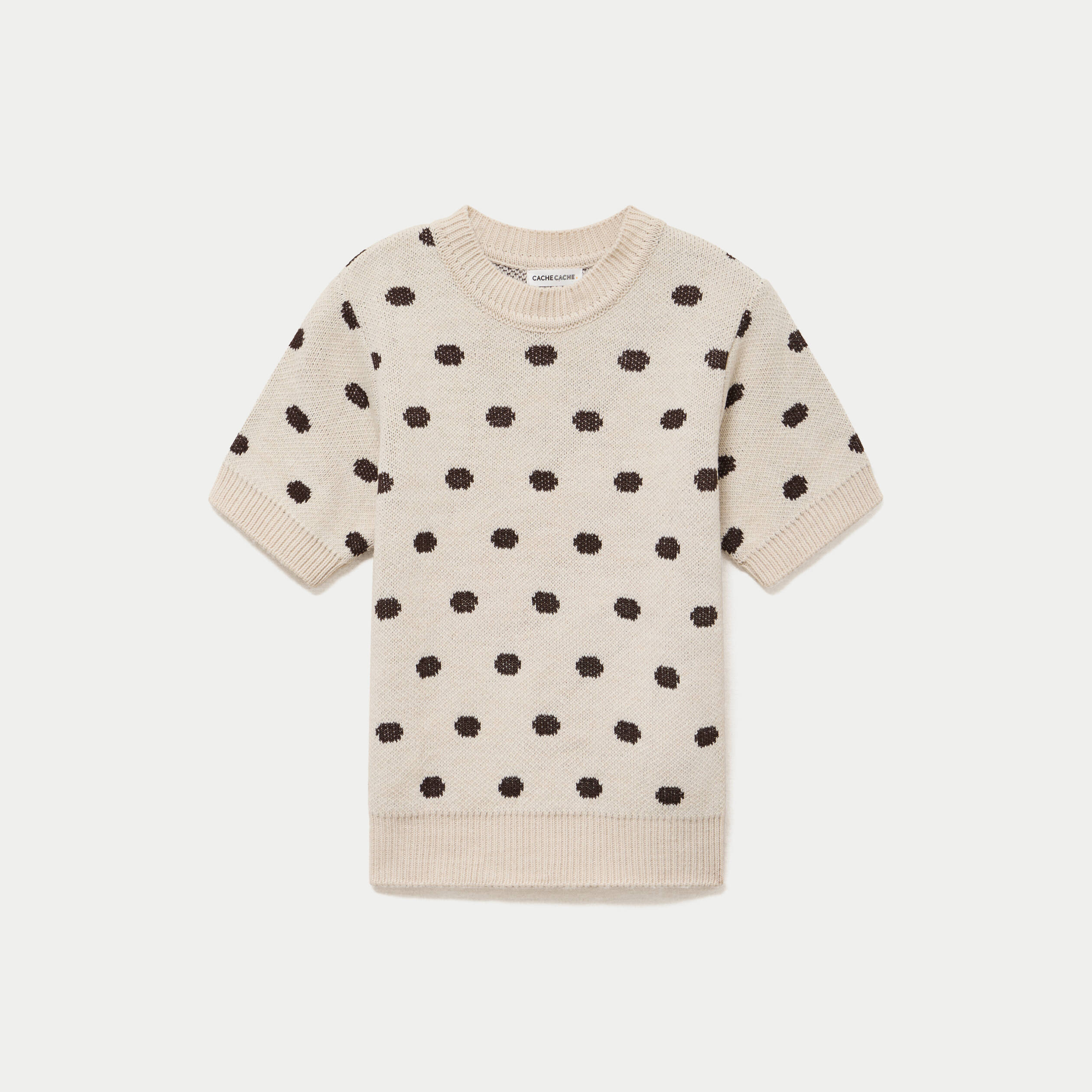Pull cintr&eacute; col rond manches courtes ecru femme