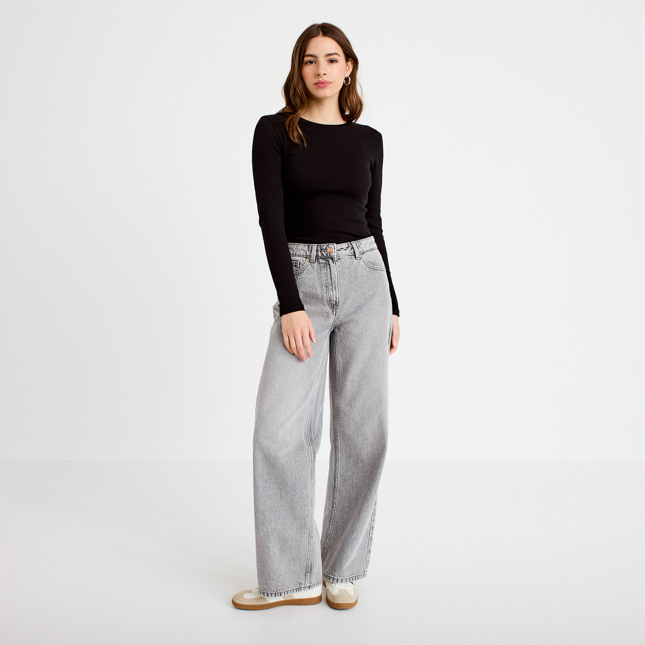 Jeans wide leg taille haute denim gris femme