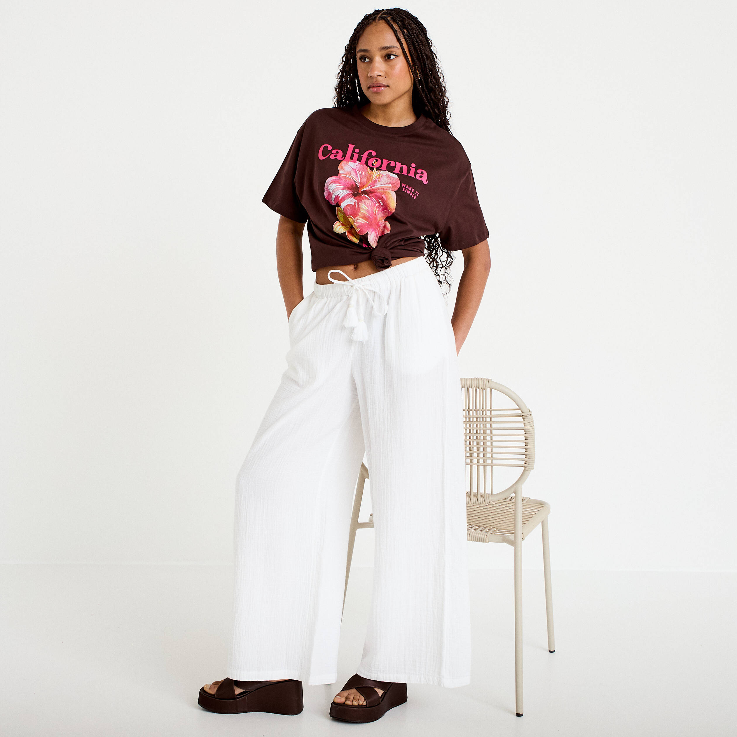Pantalon large taille standard blanc femme