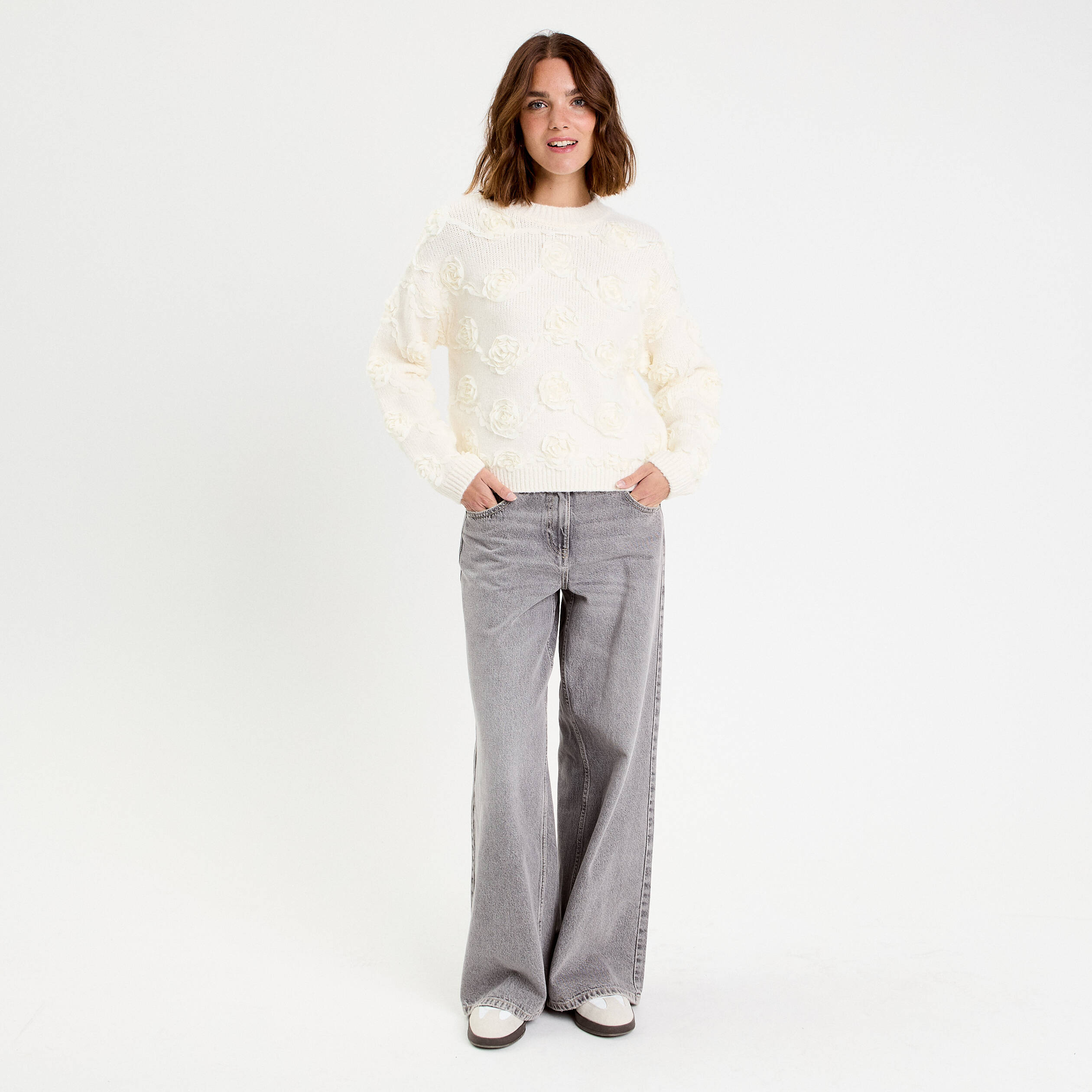 MS MODE Pull Pull en tricot avec des fleurs - Orange - Grandes tailles - 0.00