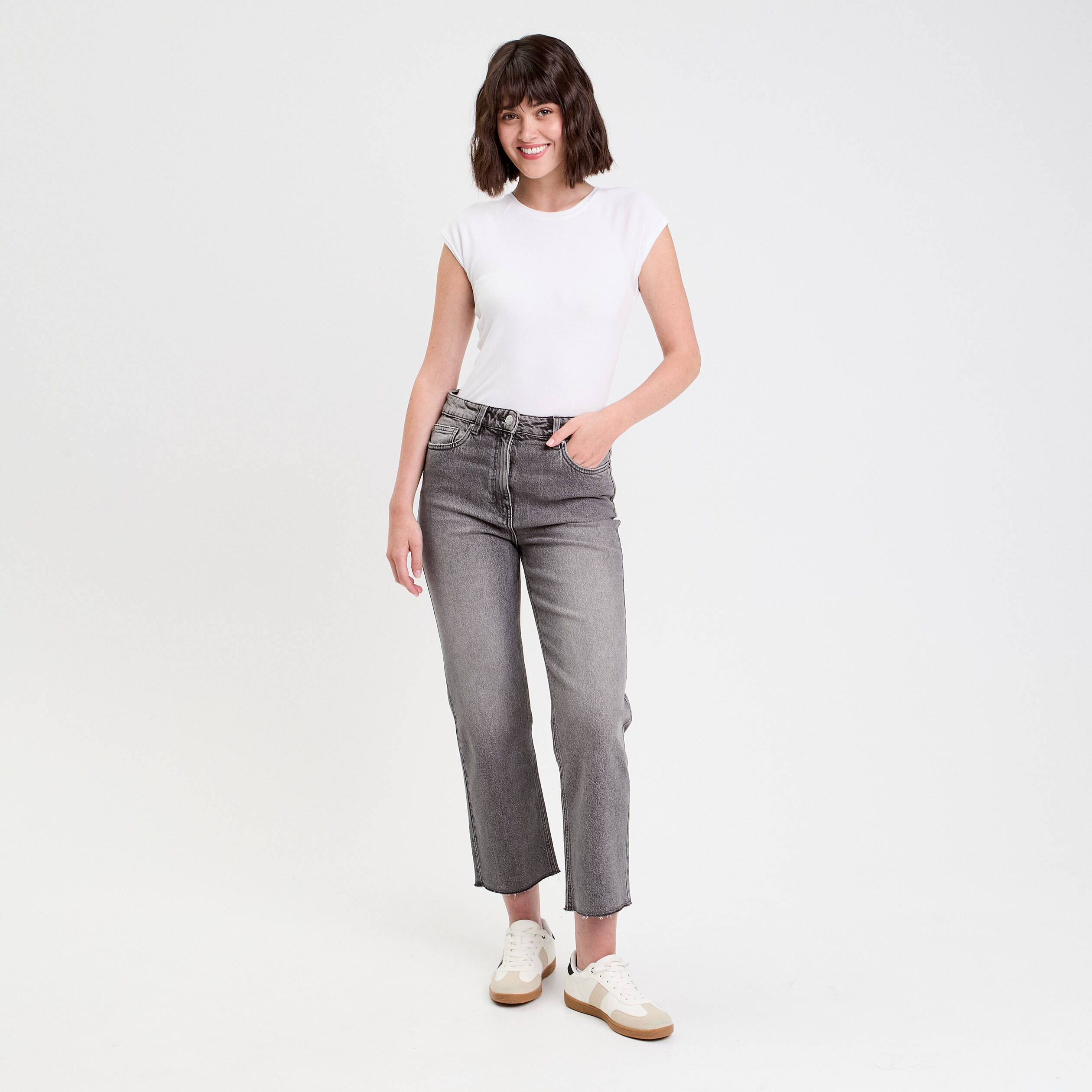 jeans droit taille haute denim gris femme Jeans droit taille haute denim gris femme