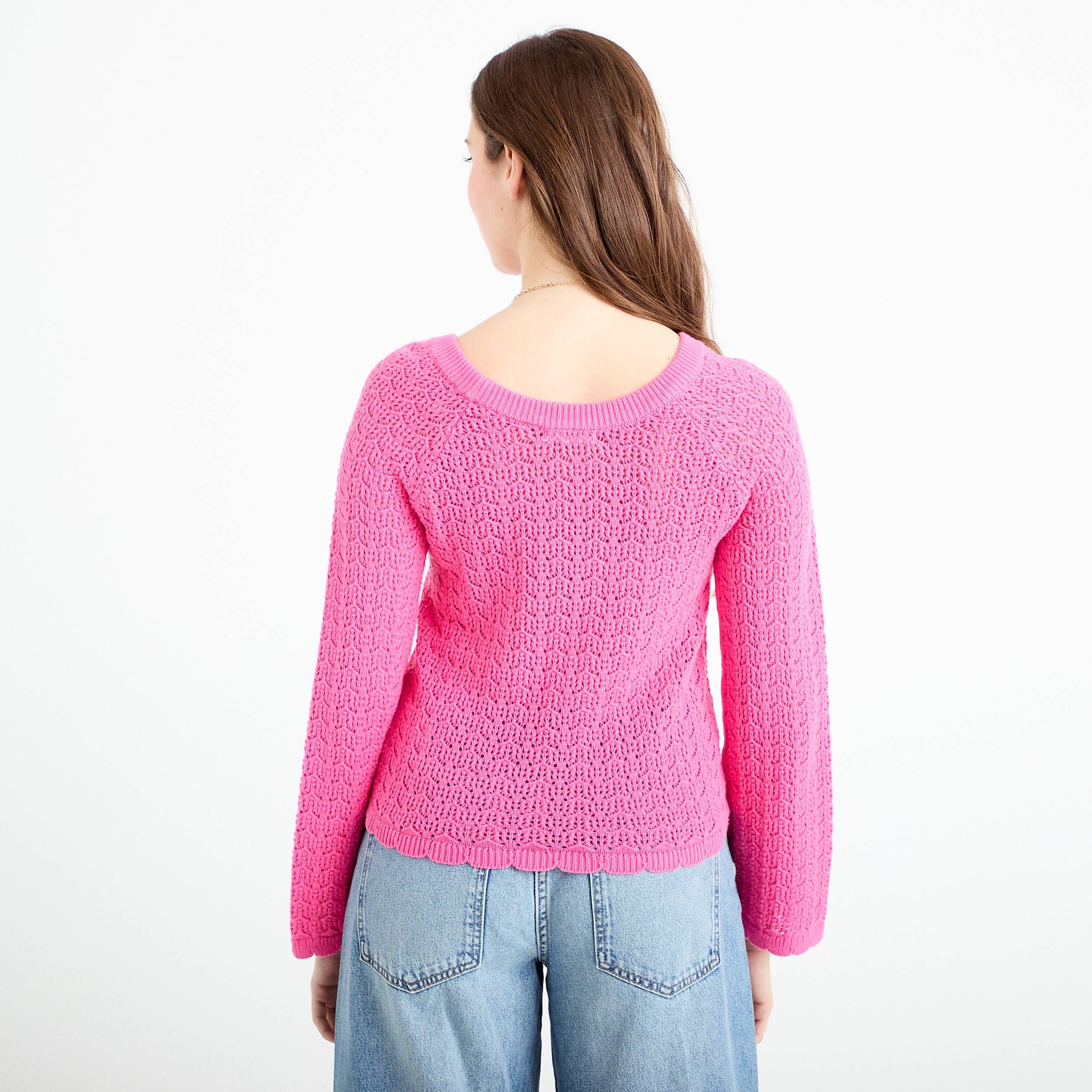 Pull ajour&eacute; rose fushia femme