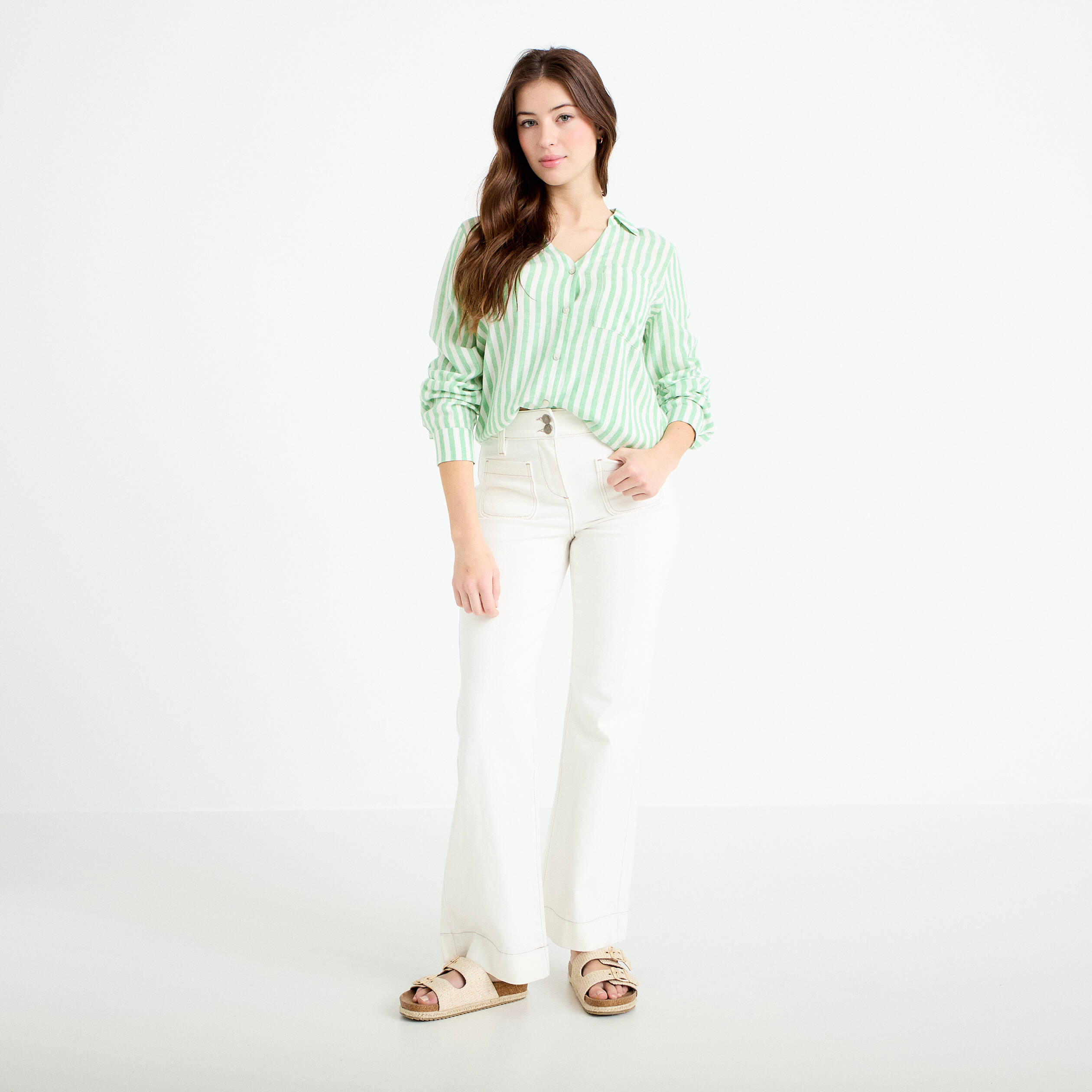 Chemise lin col V manches longues vert femme