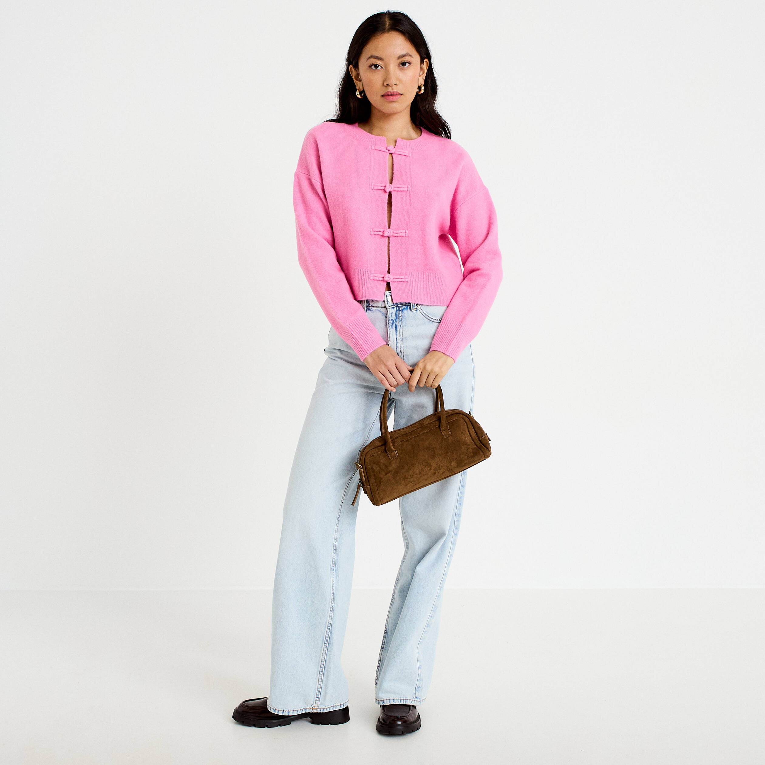 Gilet col rond manches longues avec lien rose clair femme