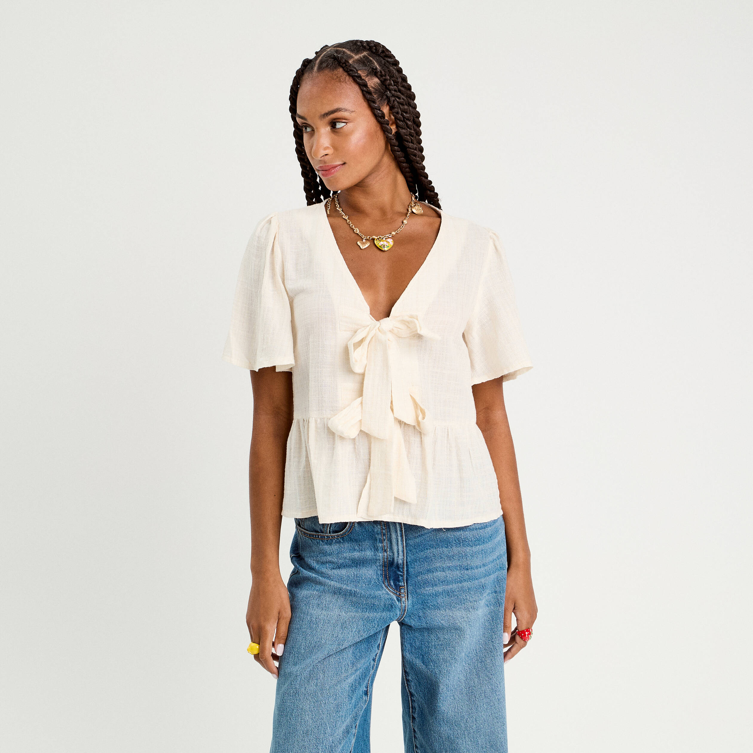 blouse manches courtes noeuds ecru femme Blouse manches courtes noeuds ecru femme