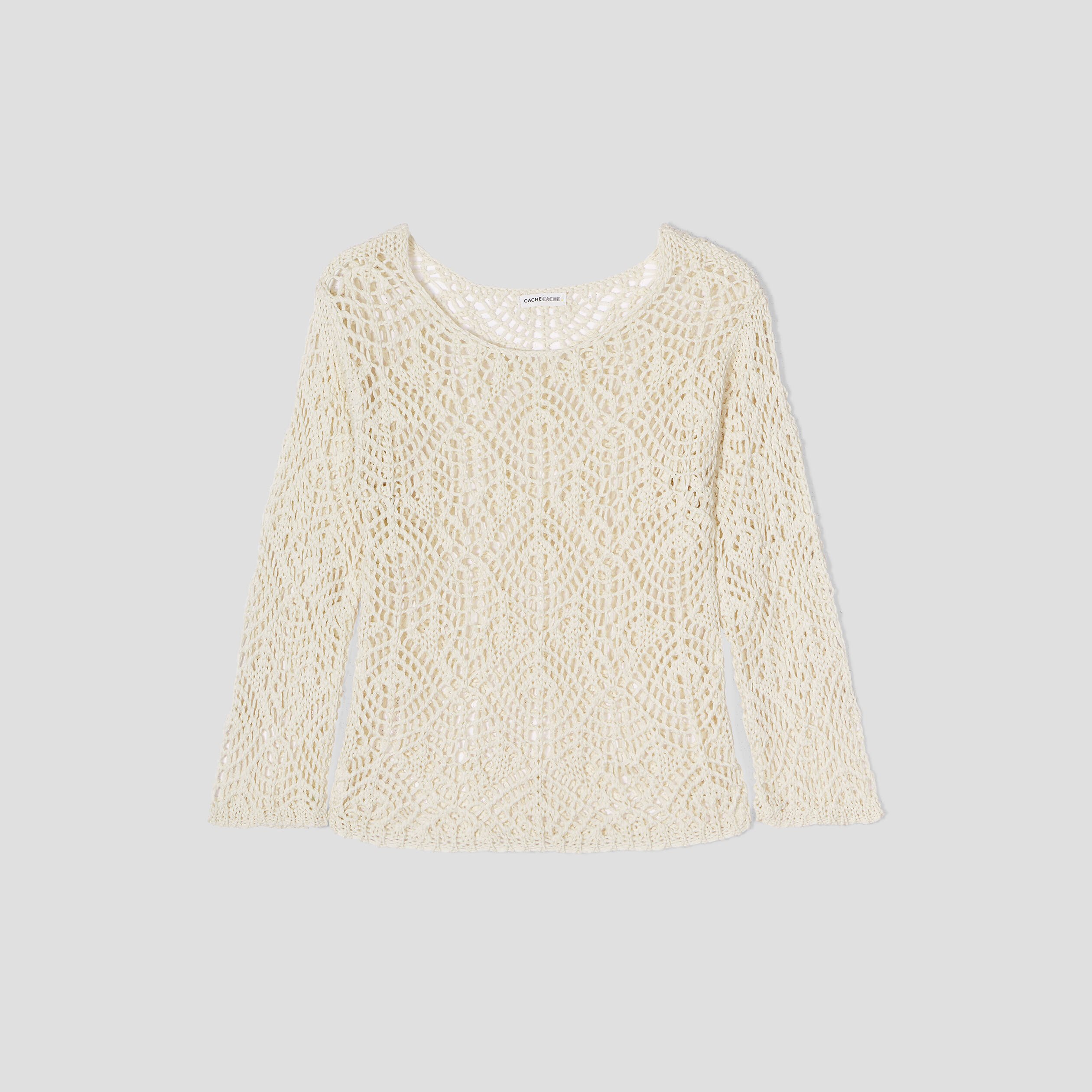Pull crochet manches longues ivoire femme