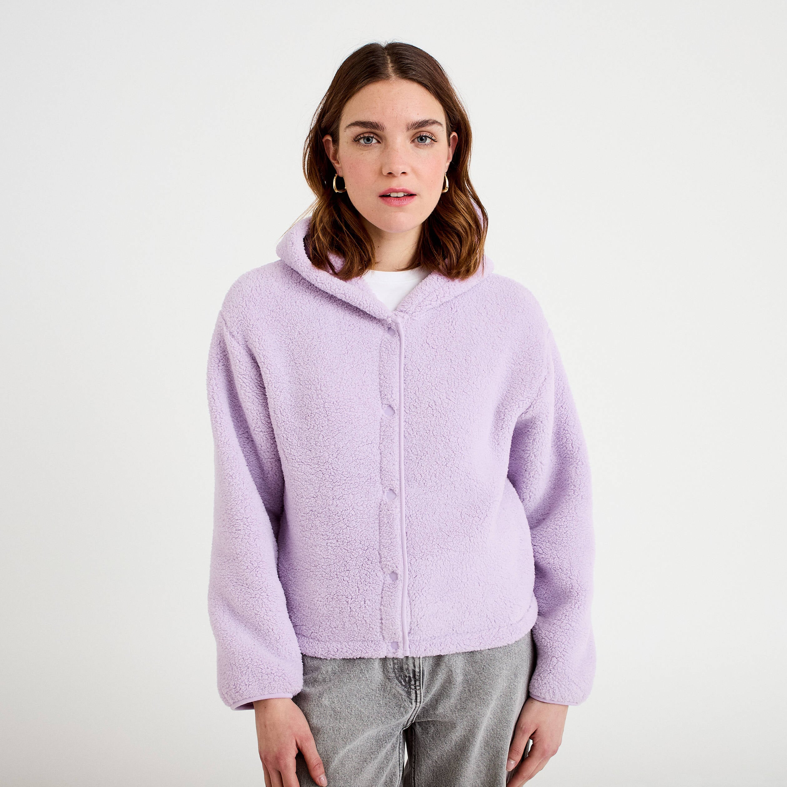 Veste effet polaire &agrave; capuche parme femme