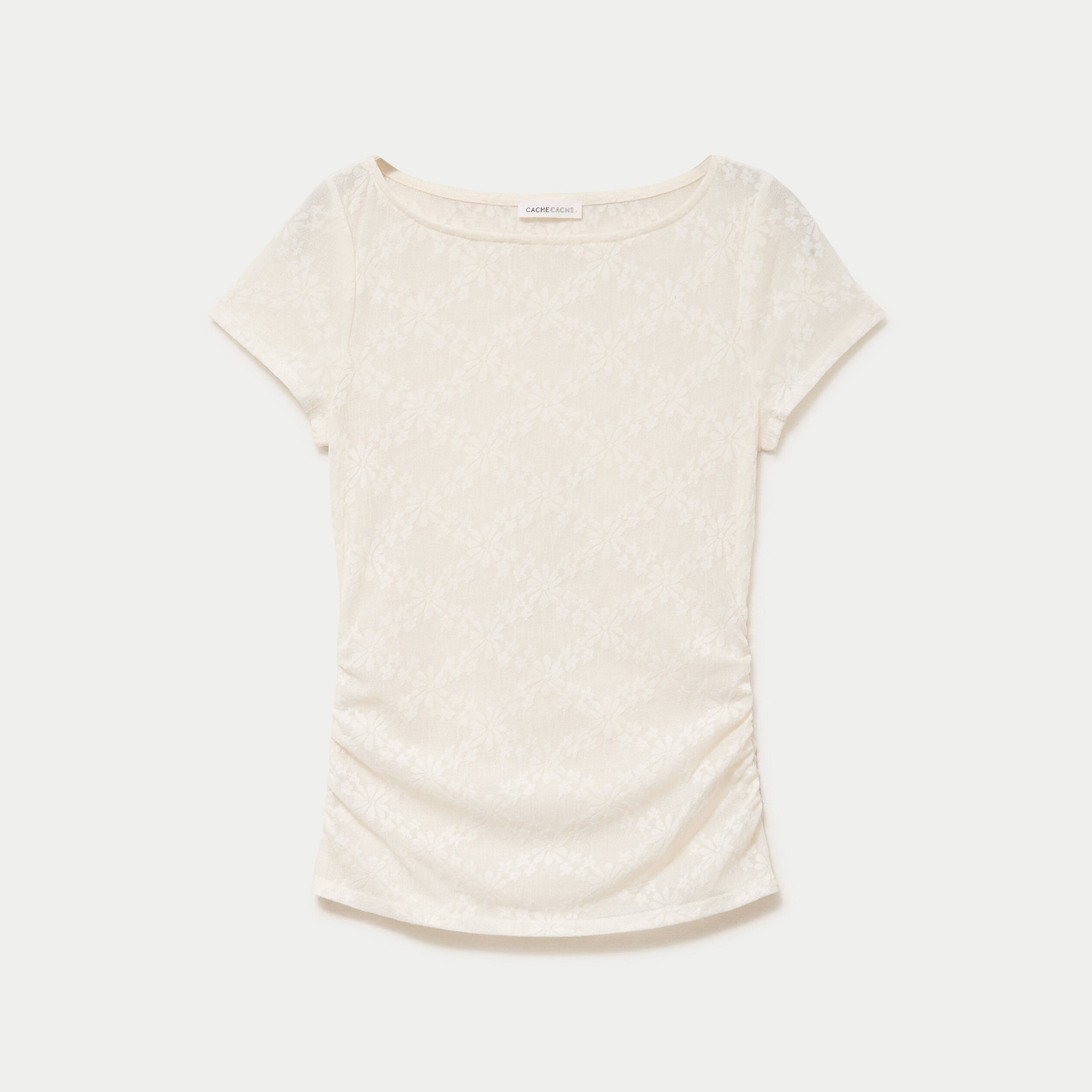 T-shirt ajust&eacute; dentelle col bateau ecru femme