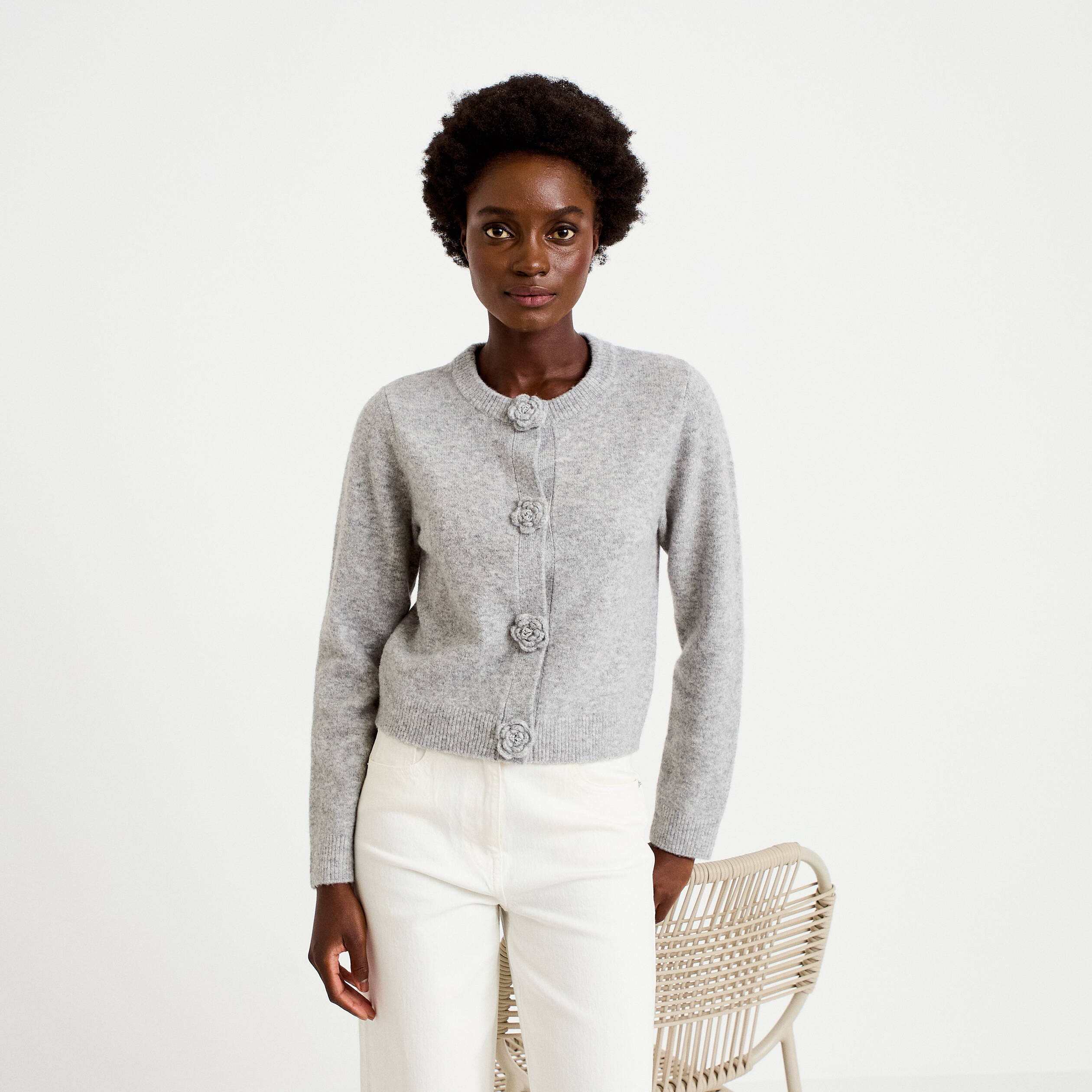 Gilet manches longues col rond gris clair femme