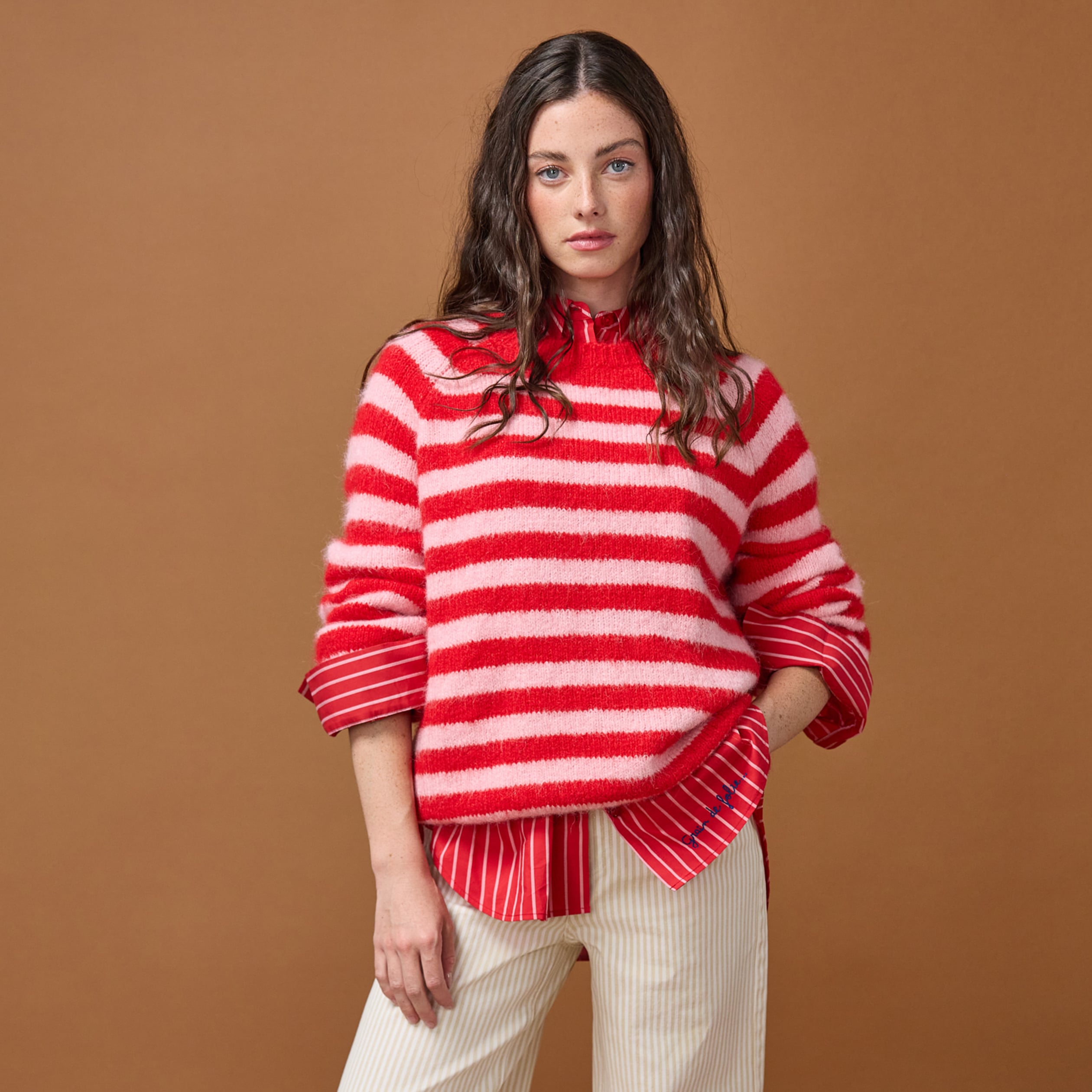 Pull ample col rond manches longues rouge femme