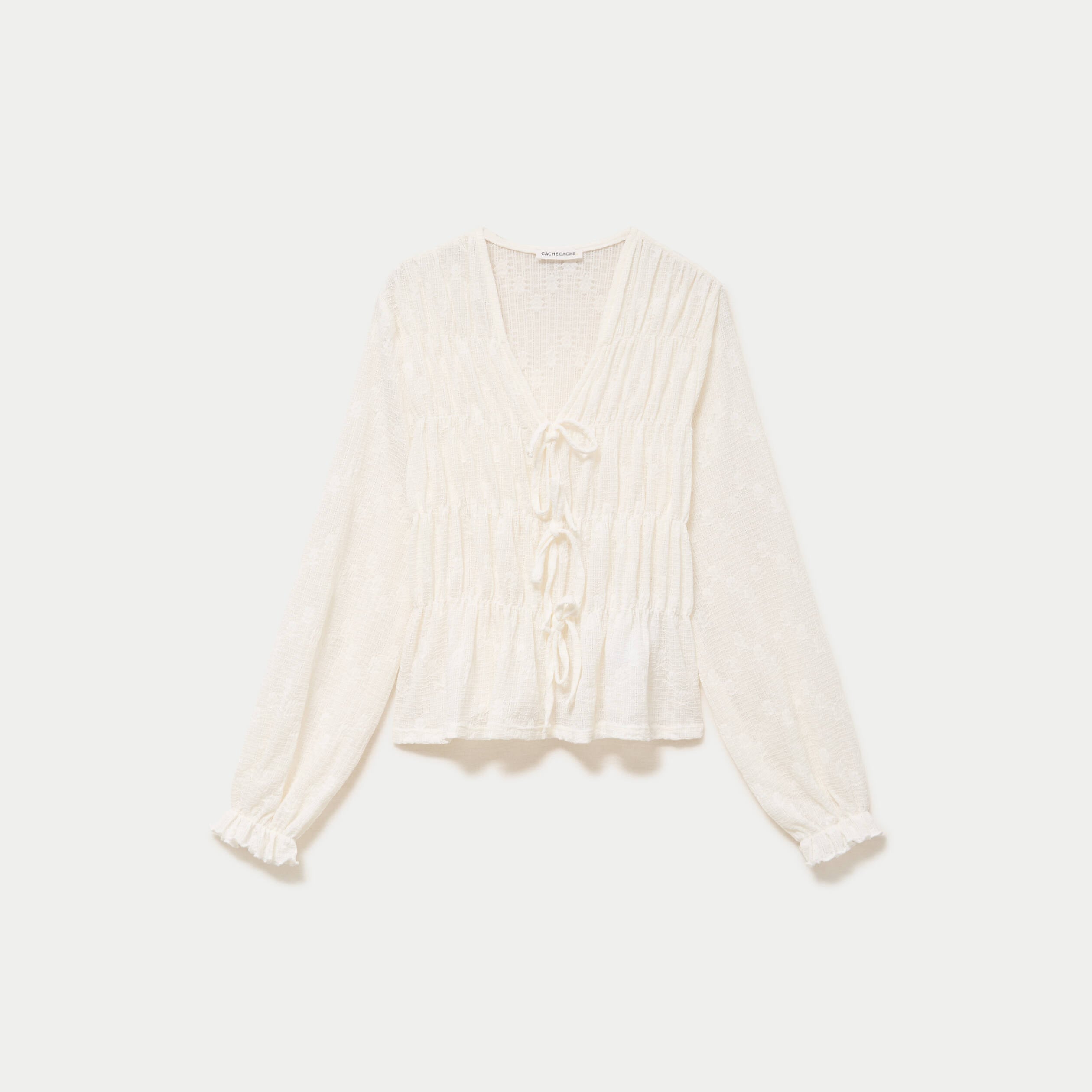 Blouse ajust&eacute;e col v dentelle pliss&eacute;e ecru femme