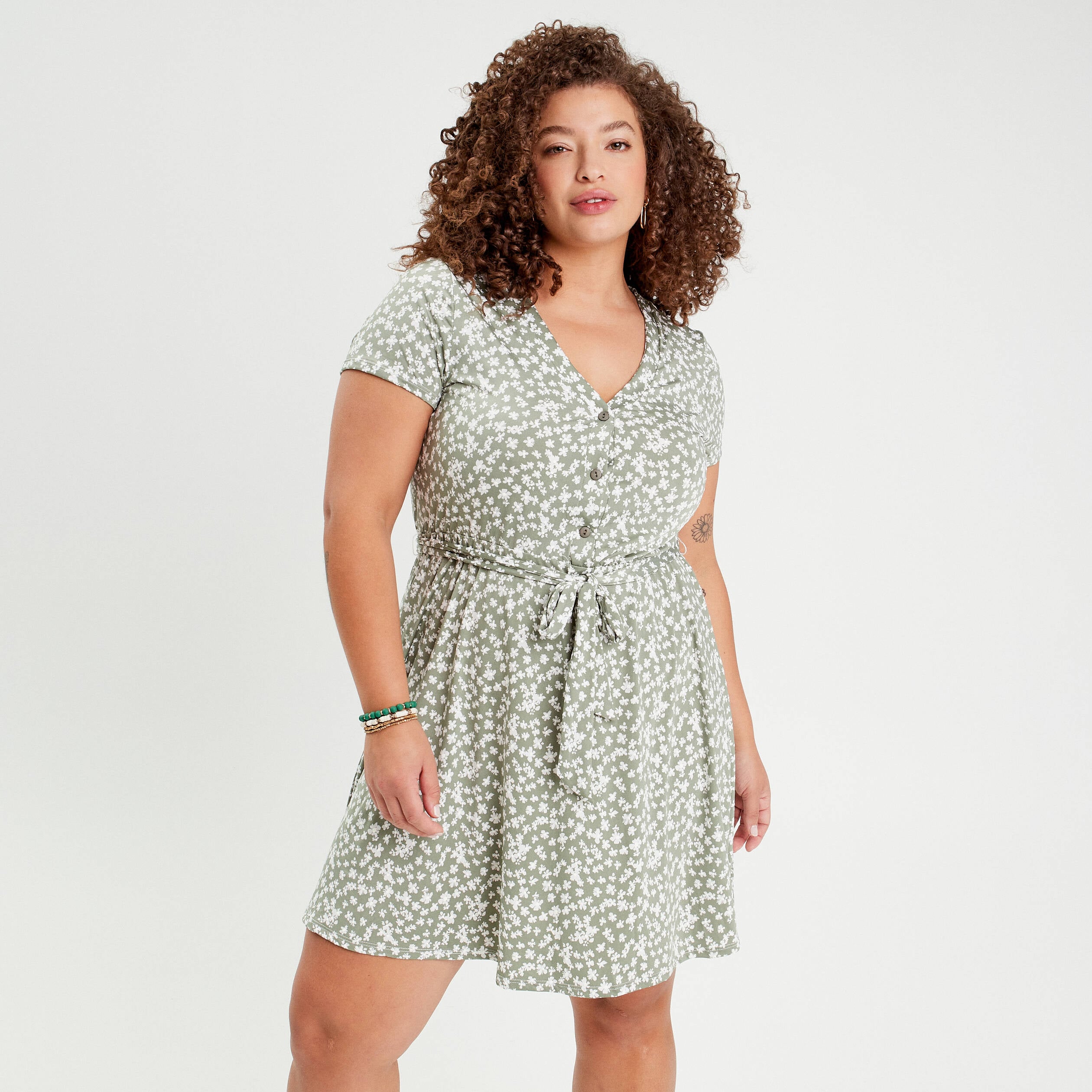 Robe patineuse ceintur&eacute;e vert femme