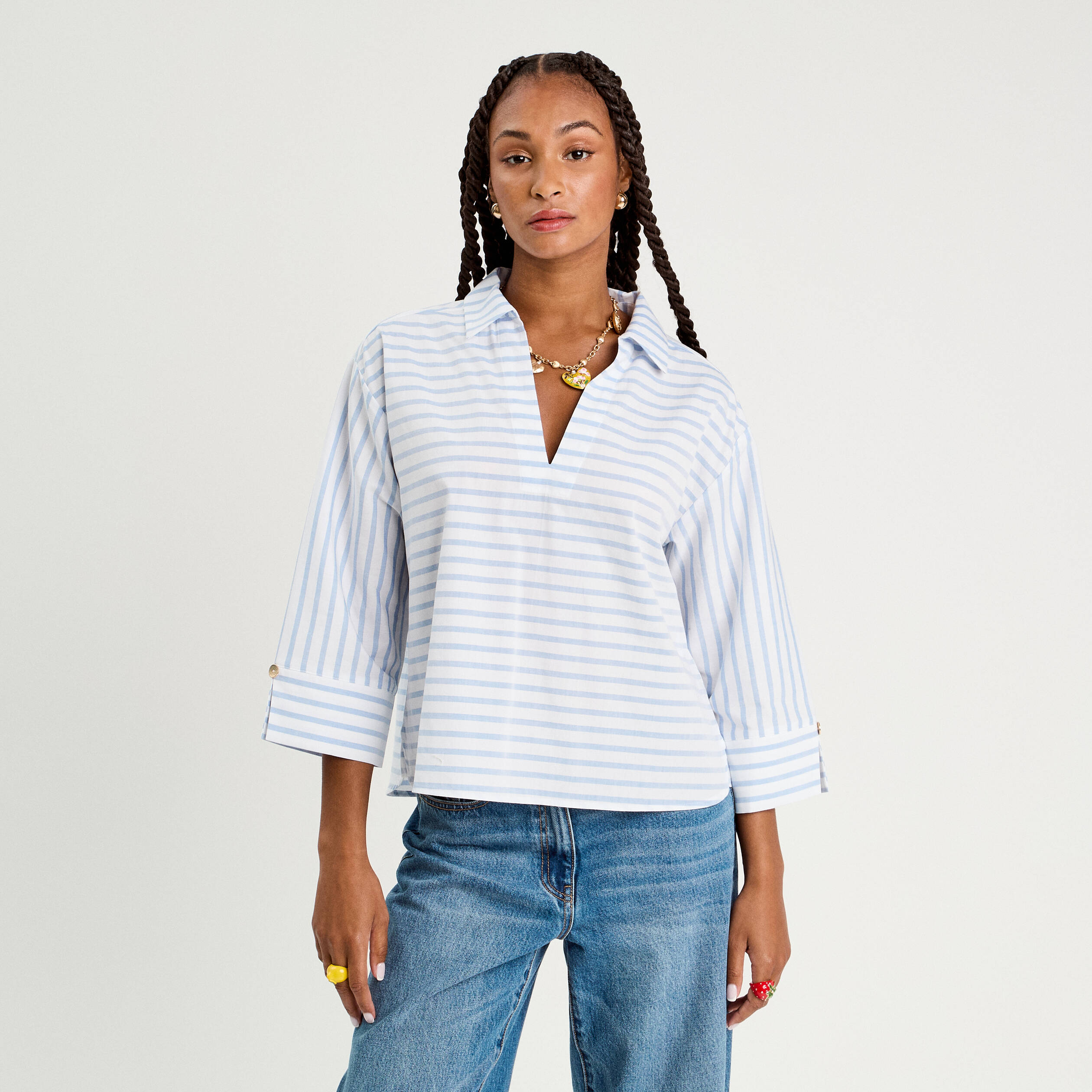 blouse manches 34 bleu femme Blouse manches 3/4 bleu femme