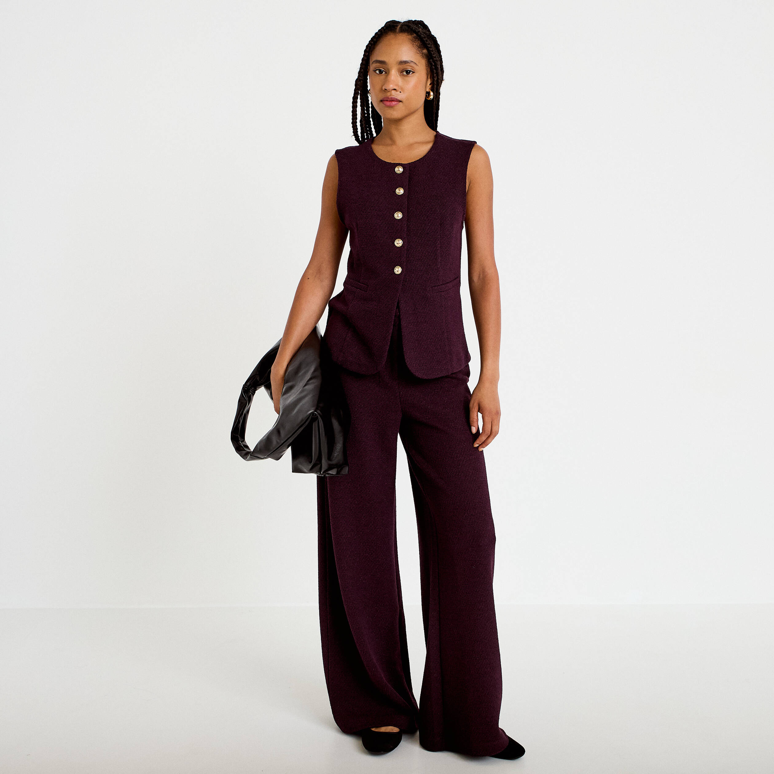 Gilet sans manches tweed violet fonc&eacute; femme