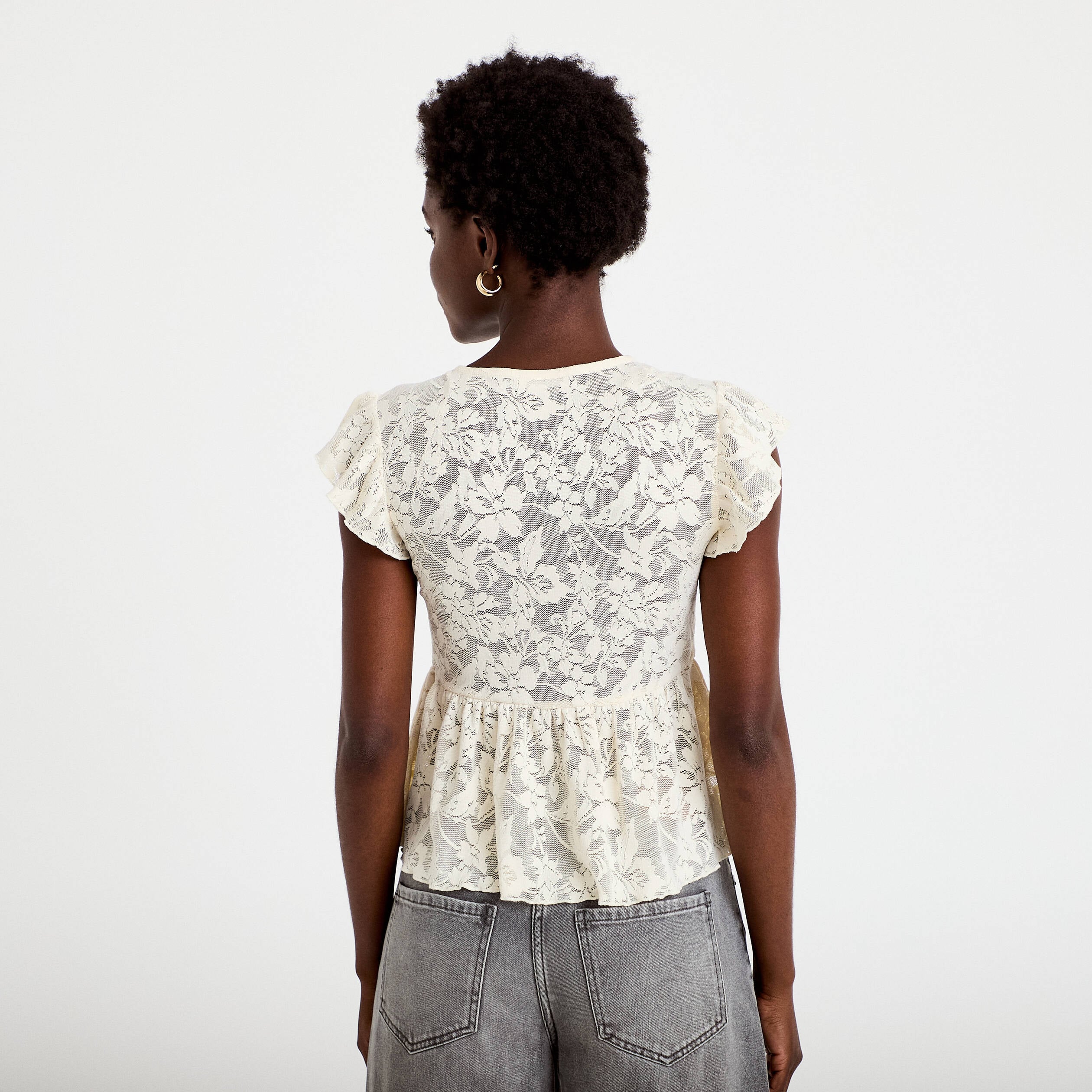 Blouse manches courtes aspect dentelle ecru femme