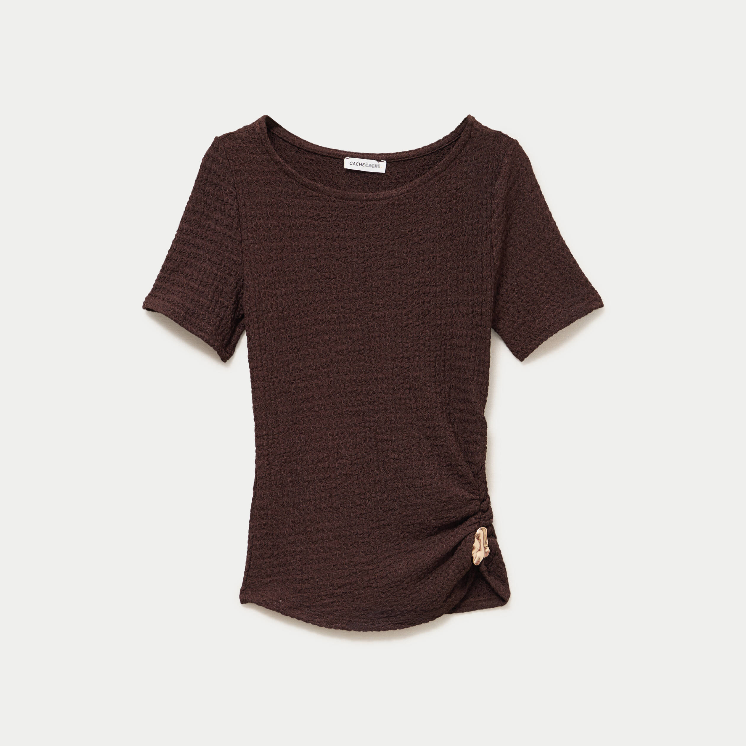 T-shirt col rond manches courtes bijou marron fonc&eacute; femme