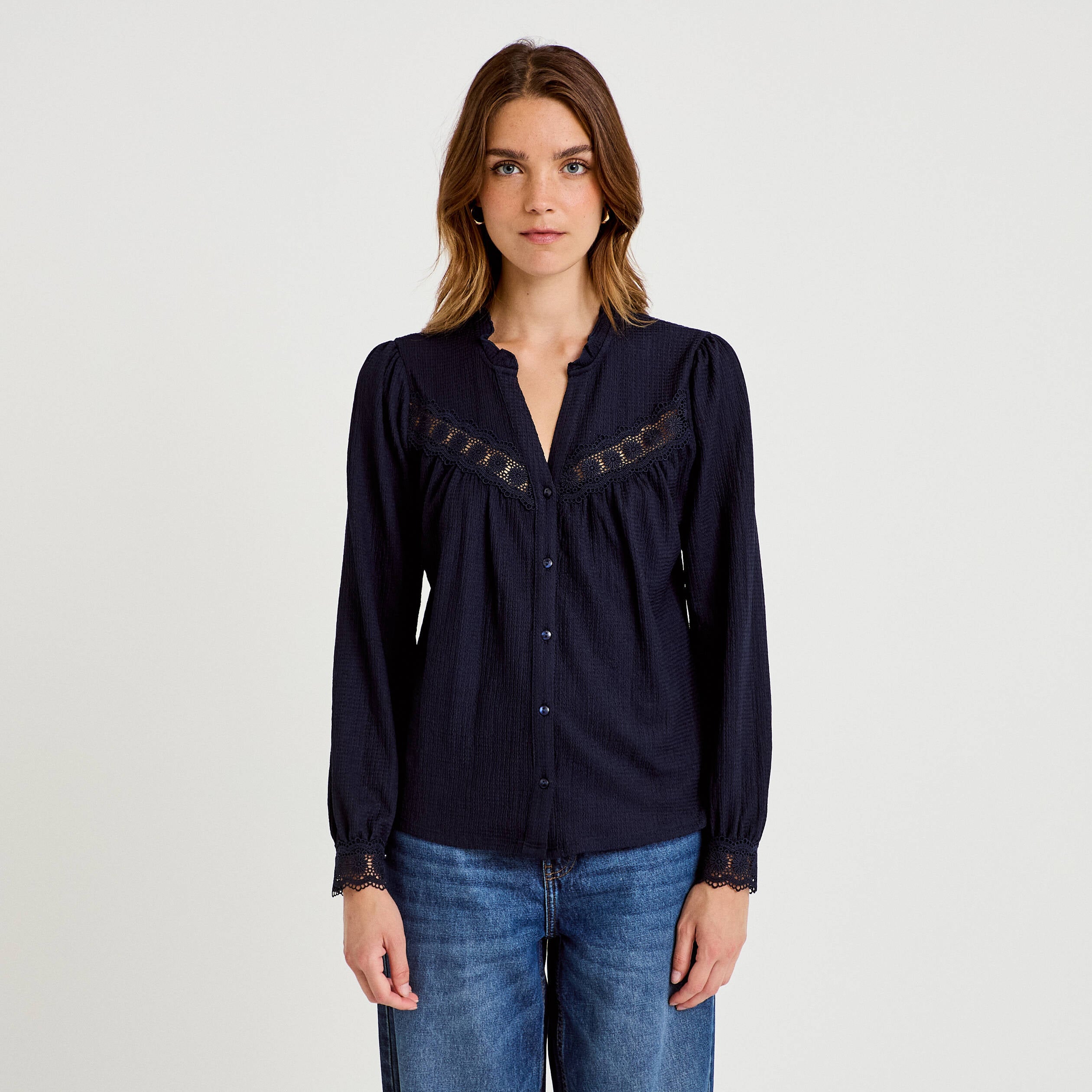 Blouse maille relief&eacute;e bleu marine femme