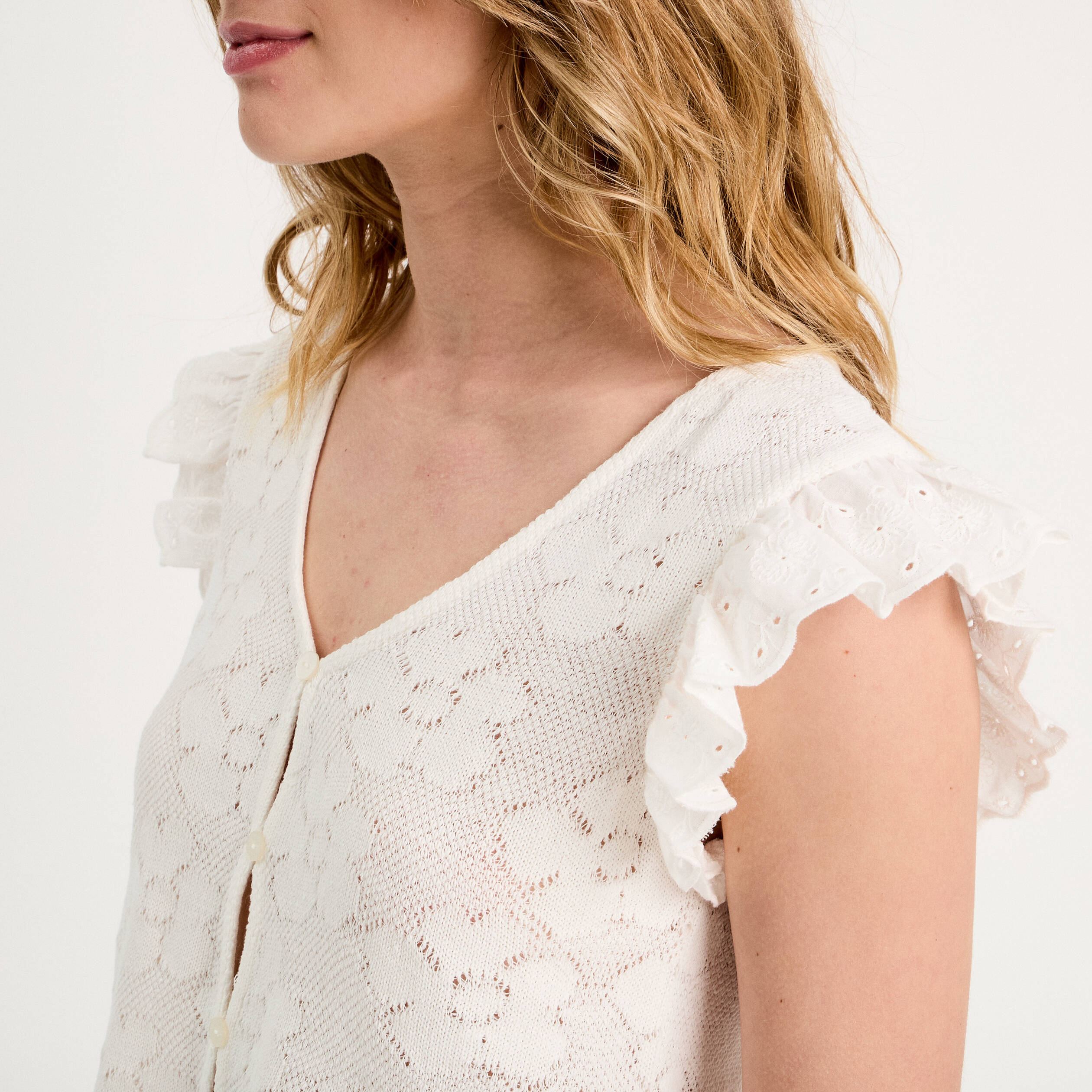 T-shirt manches volants ecru femme