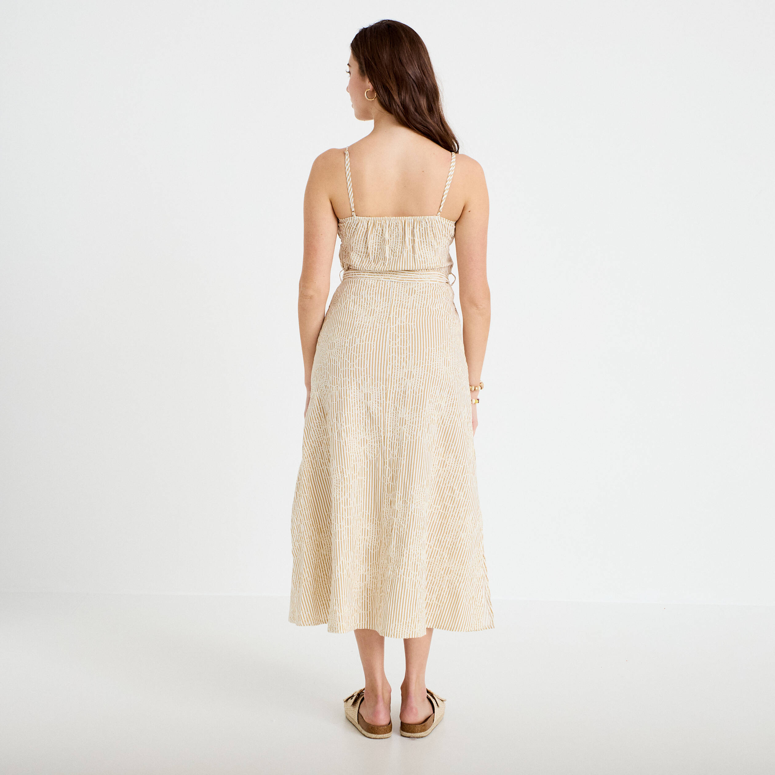 Robe droite 3/4 col v fines bretelles beige moyen femme