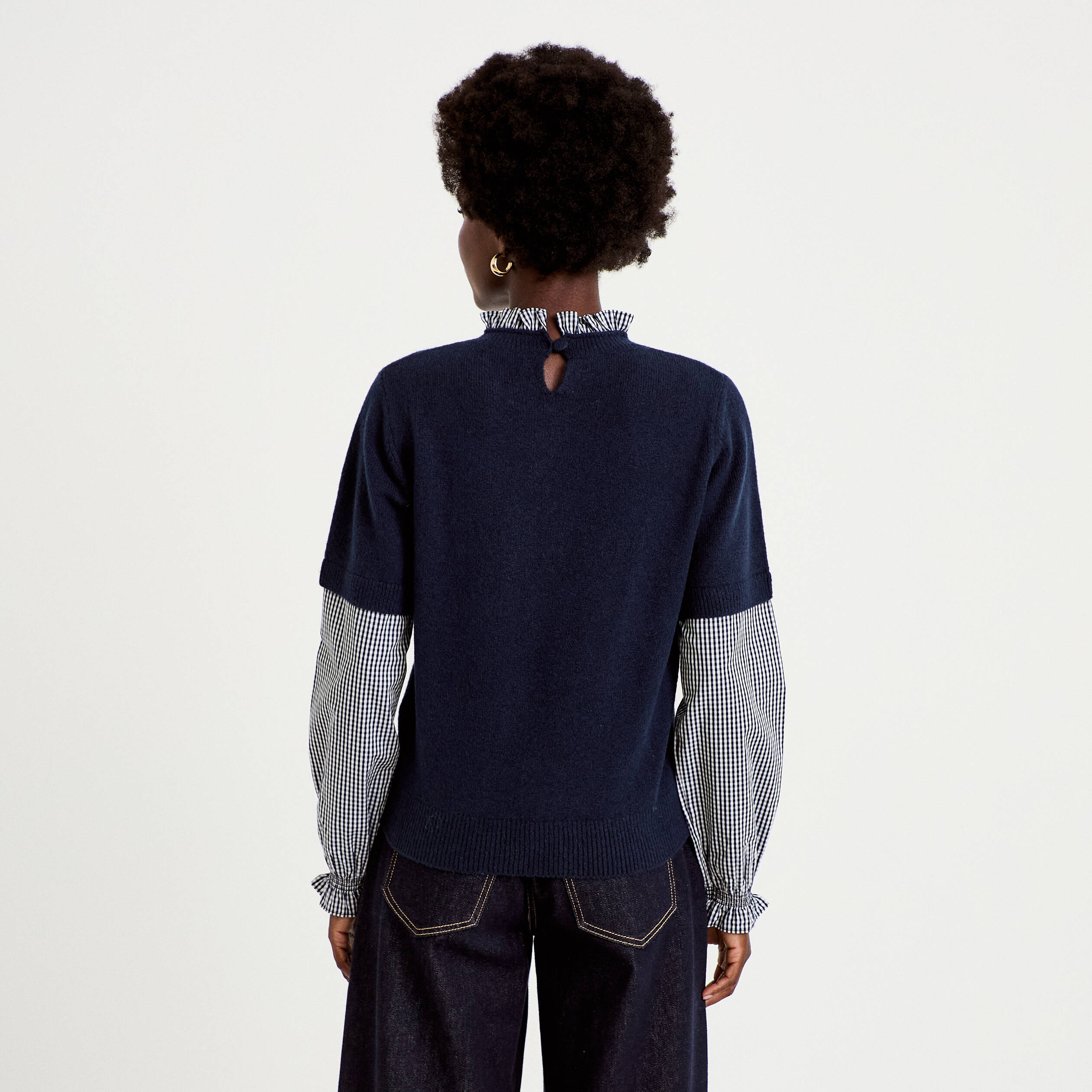Pull 2-en-1 col rond manches vichy bleu marine femme