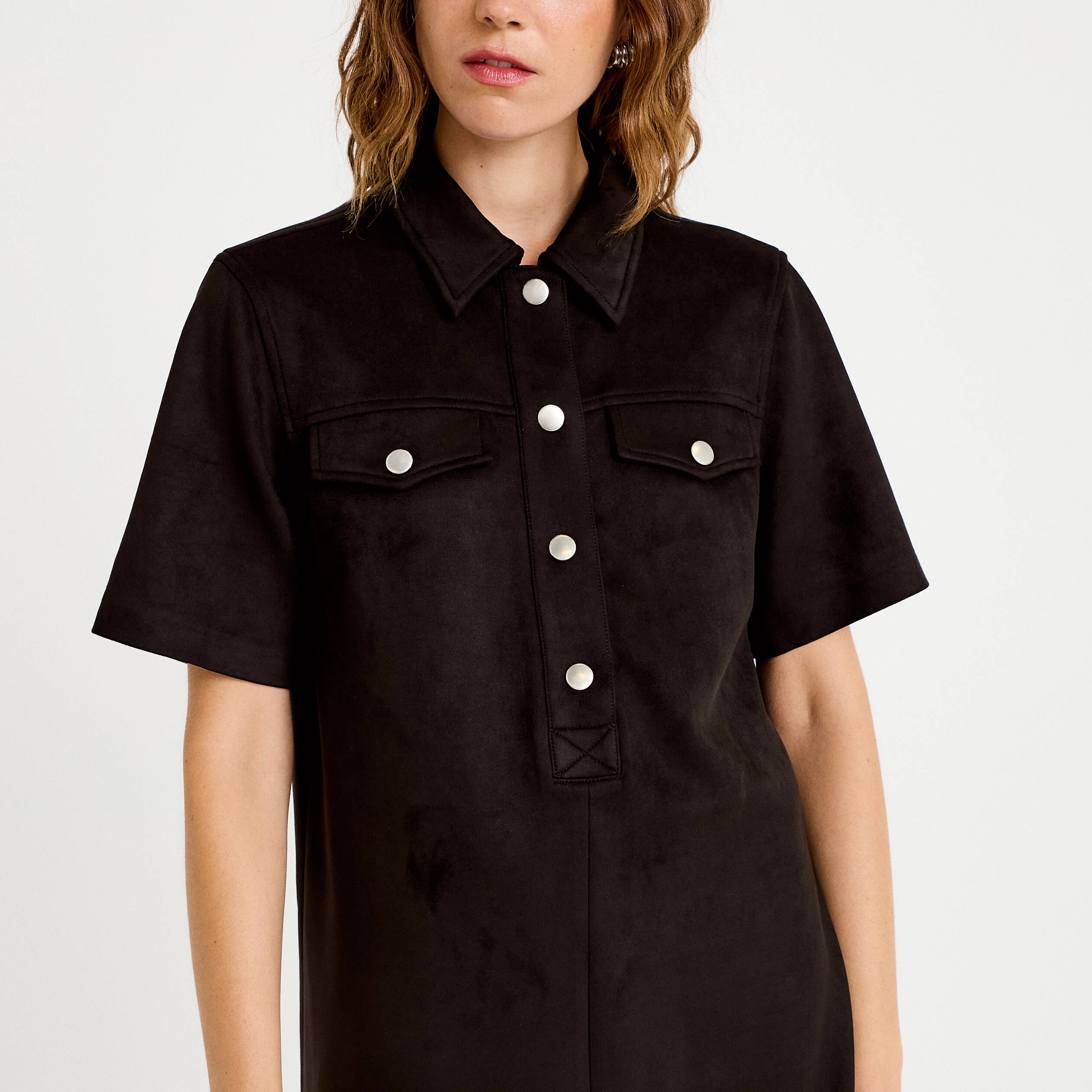 Robe droite 3/4 manches courtes daim noir femme