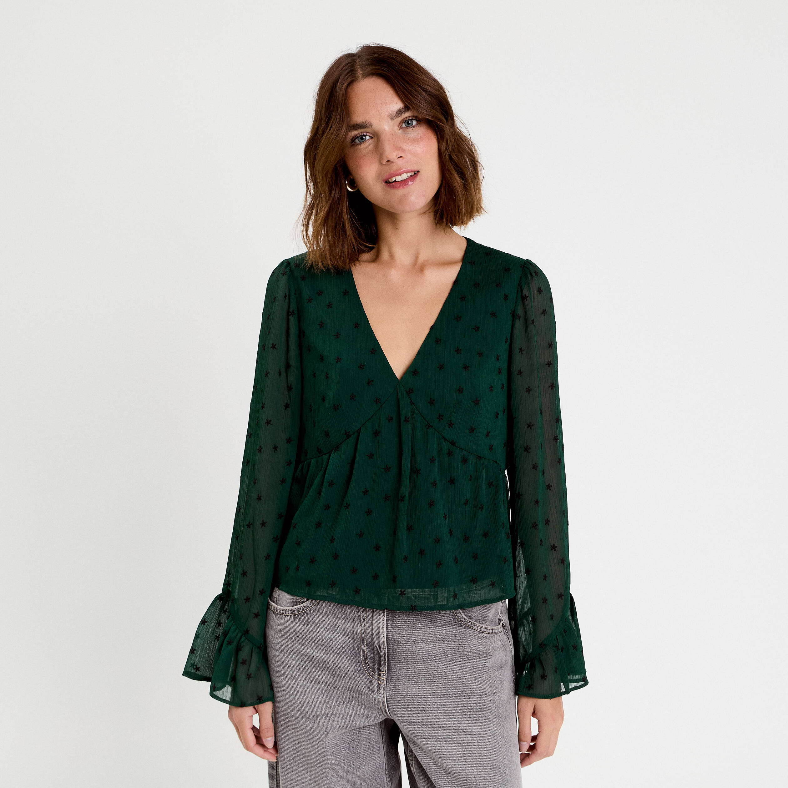 Blouse brod&eacute;e volant&eacute;e vert fonc&eacute; femme