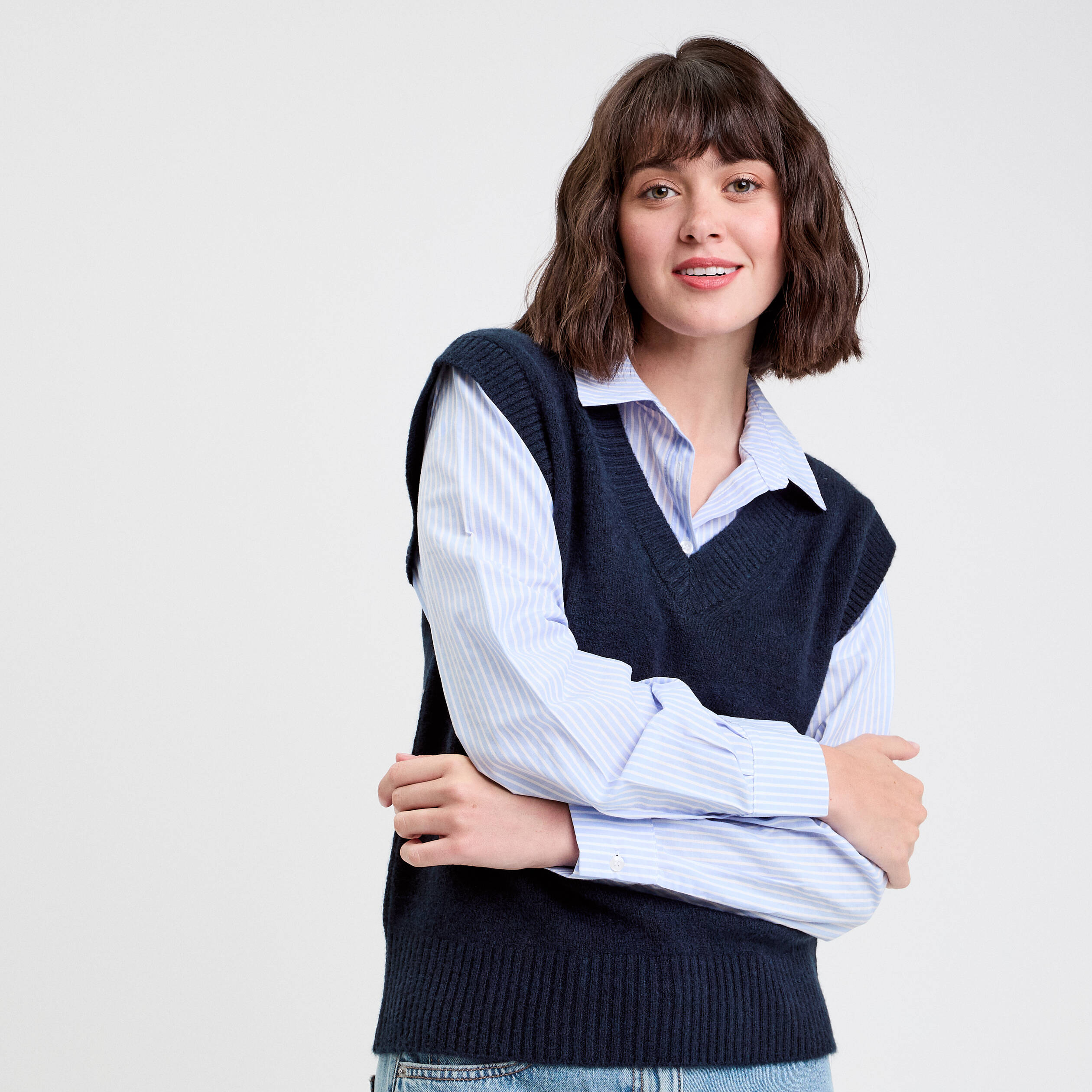 Pull 2-en-1 col en V bleu marine femme Vibs