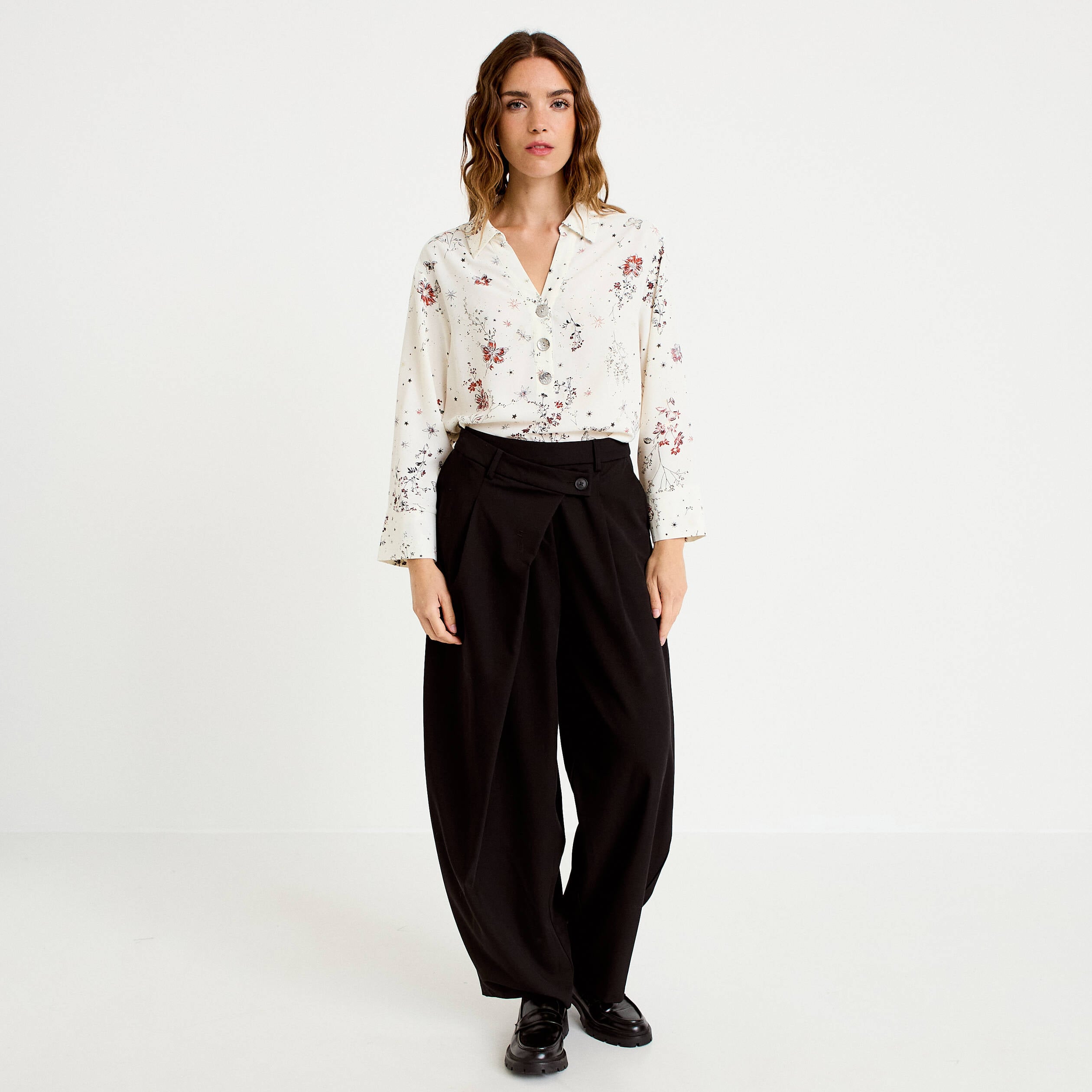Blouse col chemise manches longues blanc femme